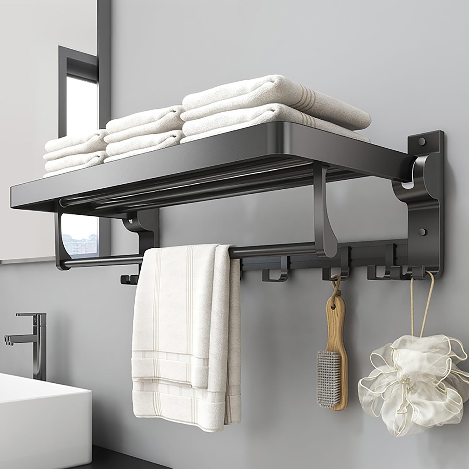 Wall Mounted Shower Shelves Super Load Bearing Shower Organizer with Hooks and Towel Bar Stainless Steel Shower Caddy