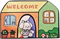 Tapete Porta de Entrada Capacho Antiderrapante Decorativo Desenho de Casinha com Coelho, Multicolorido (Casinha 3)