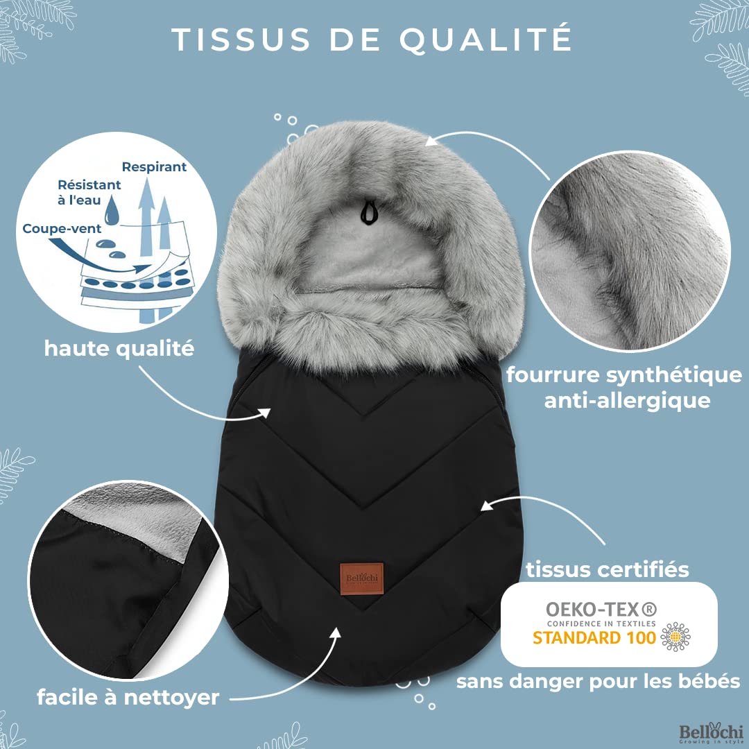 Bellochi Chanceliere Universelle pour Poussette - Chanceliere Cosy et Chaude avec Fermeture Éclair - Capuche Réglable et Col Fourrure Amovible (X - Noir)