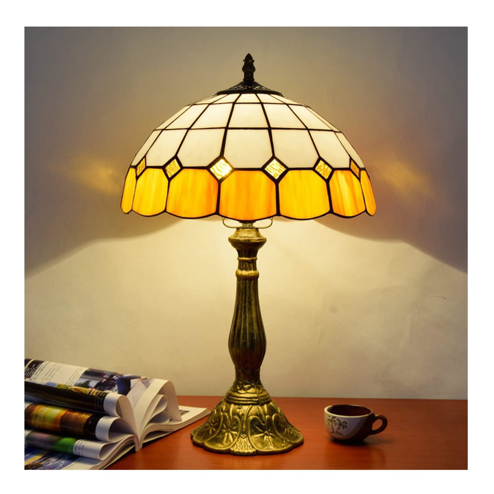 LYDQ Table Lamp, Tiffany Style Desk Lamp with Switch Vintage Bedside Reading Lamp Vintage Bedside Reading Lamp E27 for Bedrooms with Lattice Pattern Glass Shade Shade for Living Room