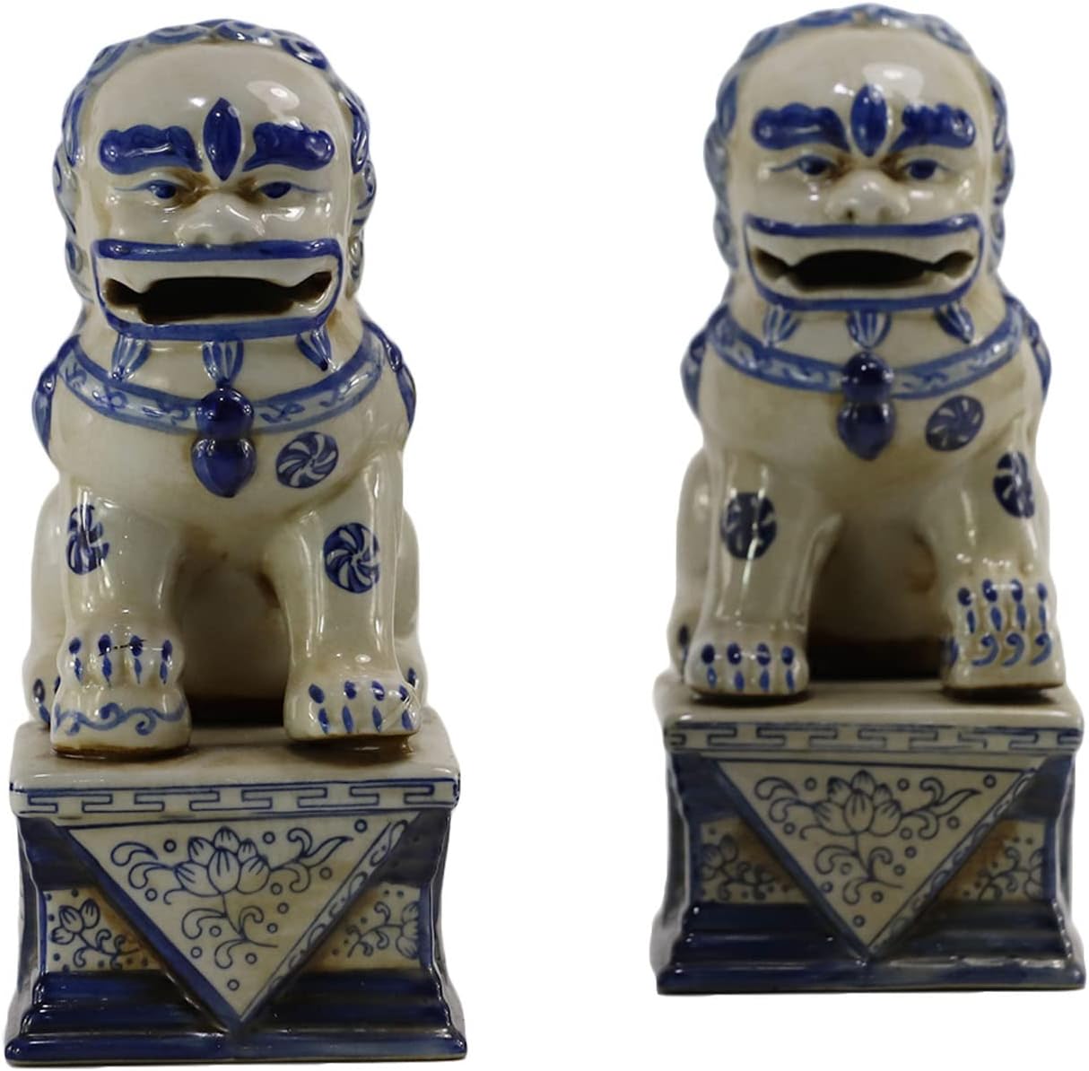 Hand Painted Blue and White Porcelain Lucky Foo Dog Figurines, Guardian Lion Statues,Dog Bookends,Set of 2