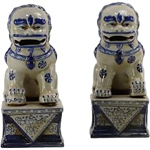 Hand Painted Blue and White Porcelain Lucky Foo Dog Figurines, Guardian Lion Statues,Dog Bookends,Set of 2