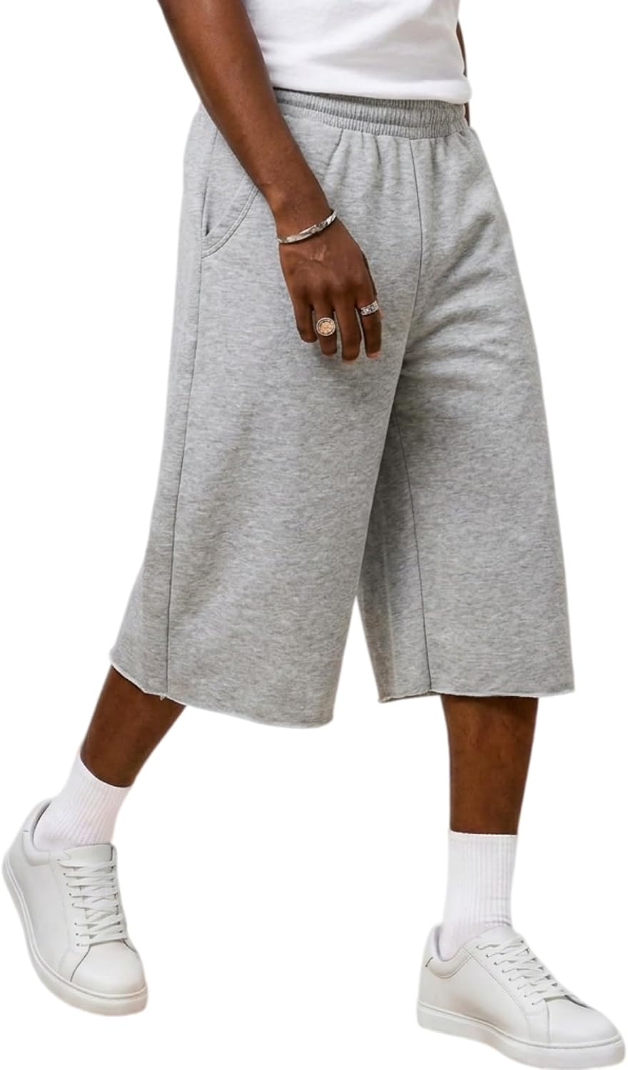 Men’s Baggy Sweat Shorts Under the Knee, Raw Hem Casual Gym Y2K Loose Fit Shorts with Drawstring Waist