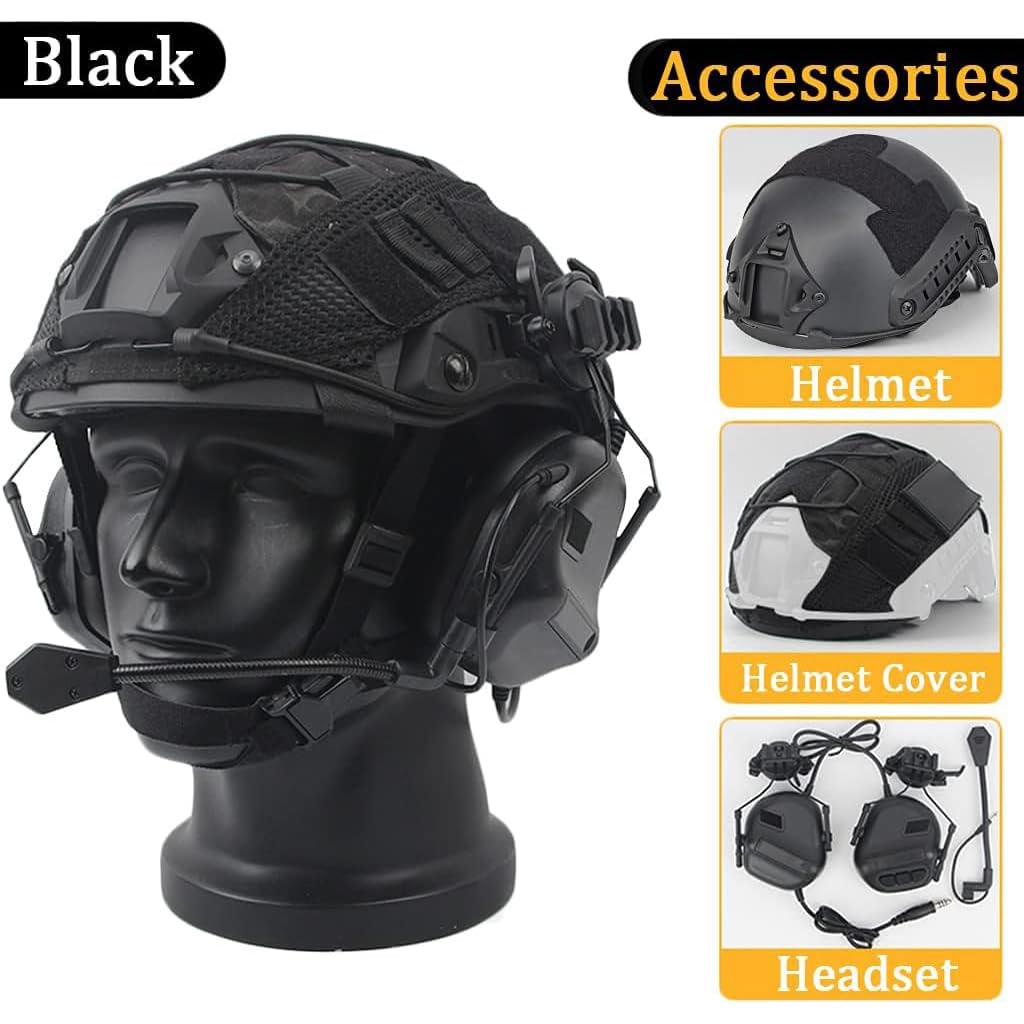 Airsoft Helm Set, Fast Helm Set mit Multicam Airsoft Helm Abdeckung & Militär Headset Adjustable Taktik Fast Protection Helm für Airsoft Paintball Outdoor Jagd B L
