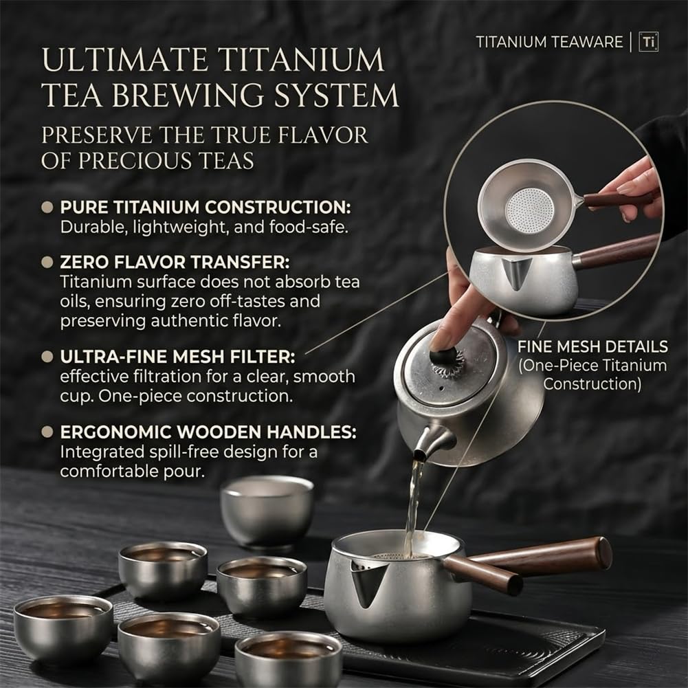 Reines Titan-Kaffee-Tee-Set, tragbare Reise-Teekanne, Hohle Tassen, fairer Krug, Tee-Ei, Sieb mit Griffetui