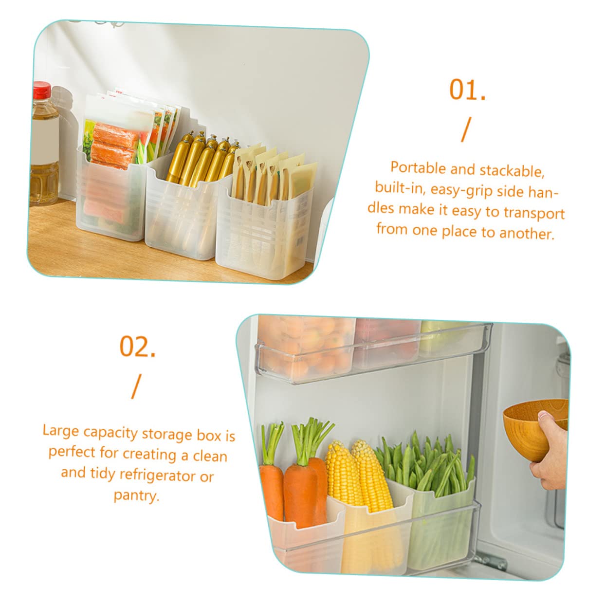 Mikinona Organizador Lateral para Refrigerador, 6 Contenedores de Almacenamiento PP, Apilables, Asas Laterales, Gran Capacidad para Nevera | Asas Laterales Integradas, para Entrada y Armarios, Formato Largo para Organización Doméstica
