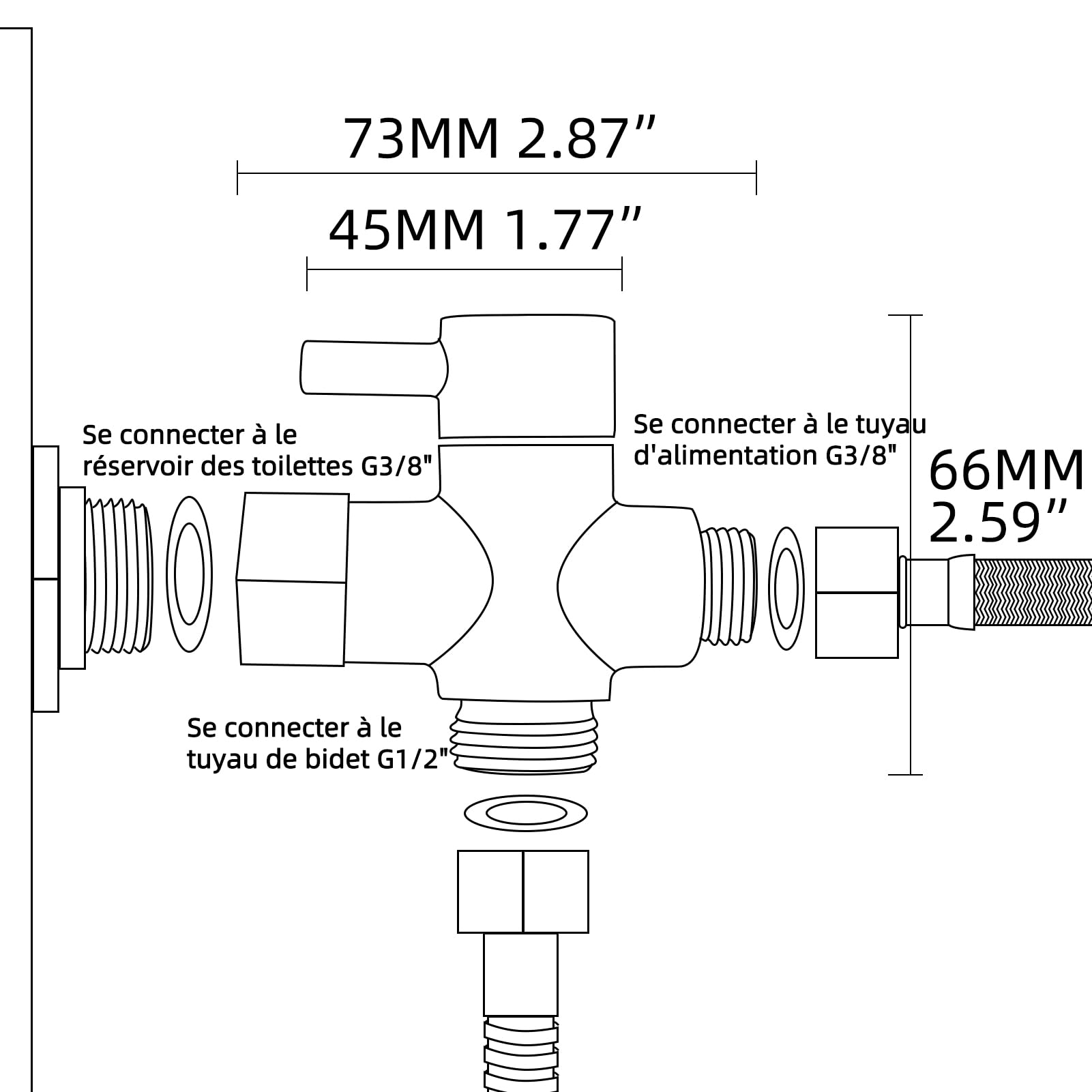 Tecmolog Déviateur à 3 Voies le Laiton Vanne D'arrêt 3/8”-12/17 Adaptateur pour la Ligne D'eau de Toilette,Noir,DSF007DB