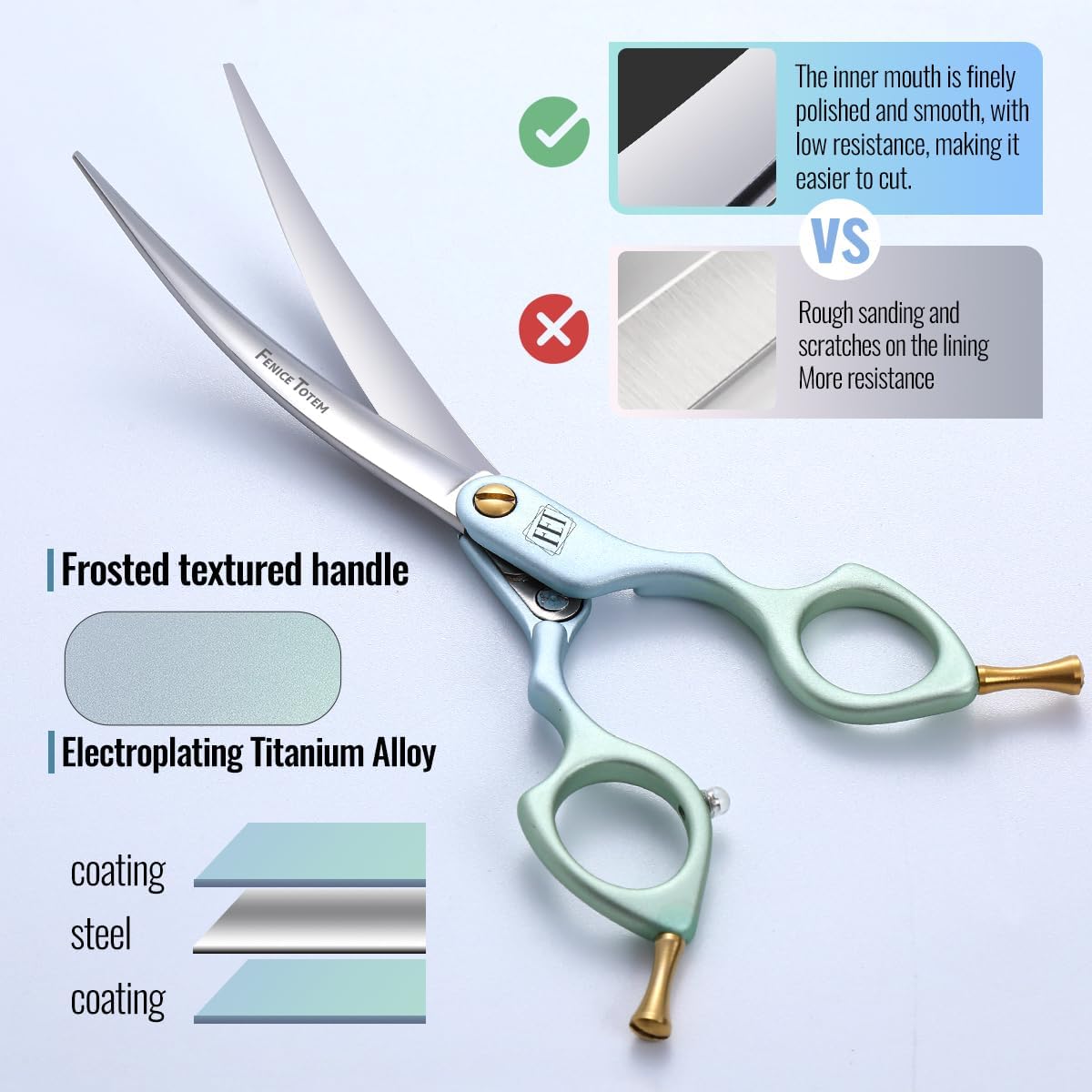 Fenice Dog Grooming Curved Scissors: 6.5" Pet Self-sharpening Split Finishing Shears for Dogs' Faces and Eyes Lightweight Ideal for Tight Spaces and Detailed Grooming Japan VG10 Alloy Steel 63HRC