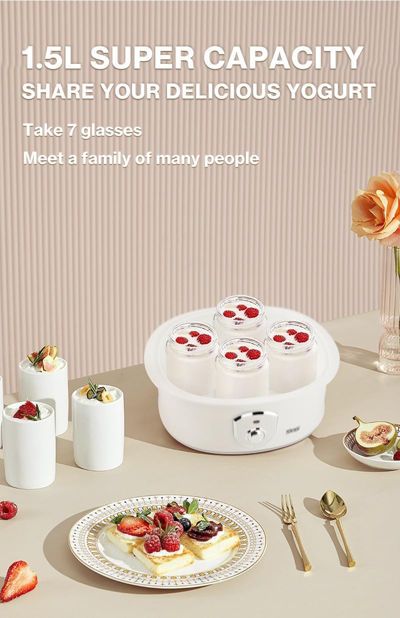 Probiotic Yogurt Motor - Fully Automatic Yogurt Machine 1.5L One Touch Control Yogurt Machine for Improves Intestinal Health, Glass Jar with 7 Lid, Perfect Health Gift for Men and Women