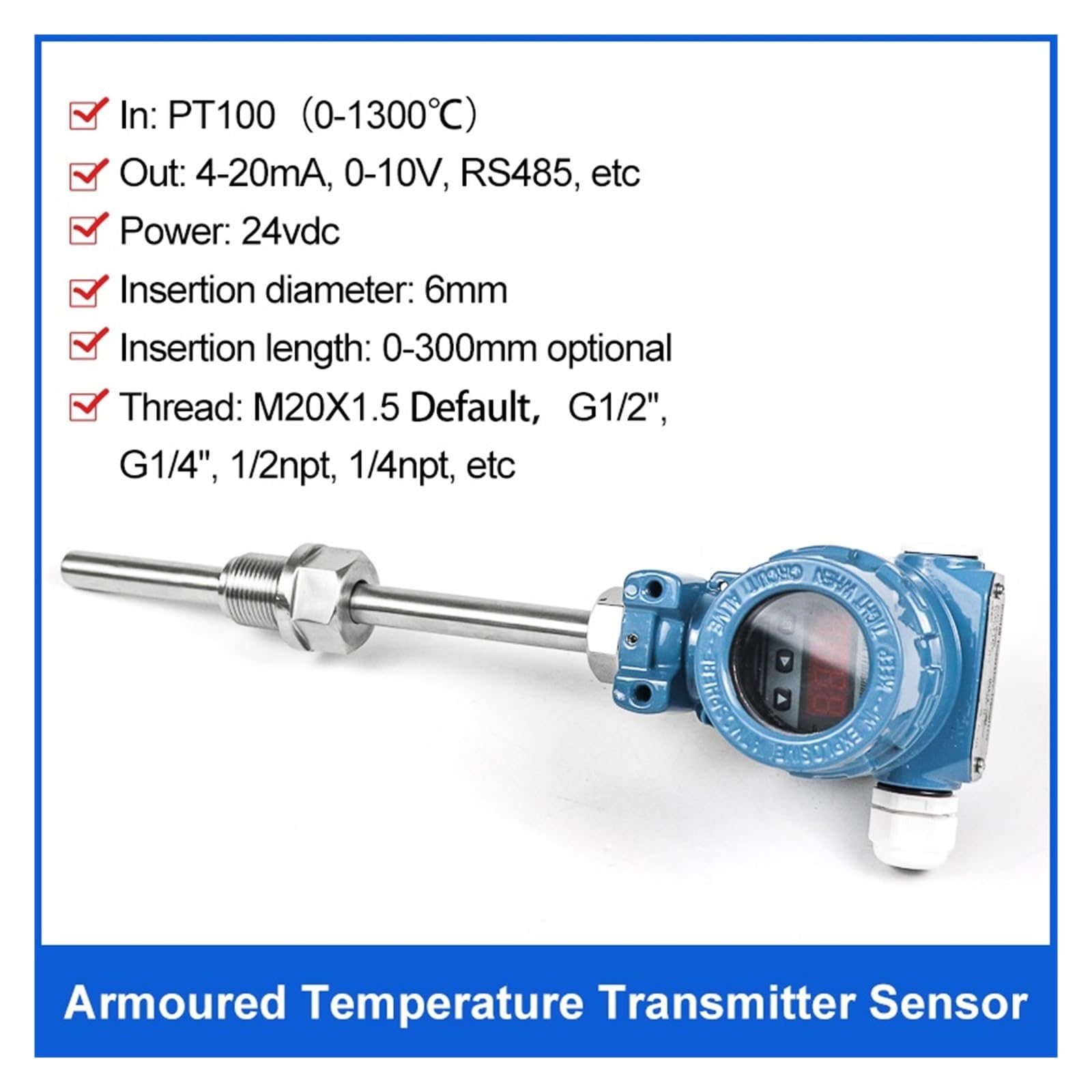 Sensore di Temperatura del Carburante Antideflagrante 0-5V Trasmettitore di Temperatura PT100(0-1000 Degree 4-20mA,50mm)