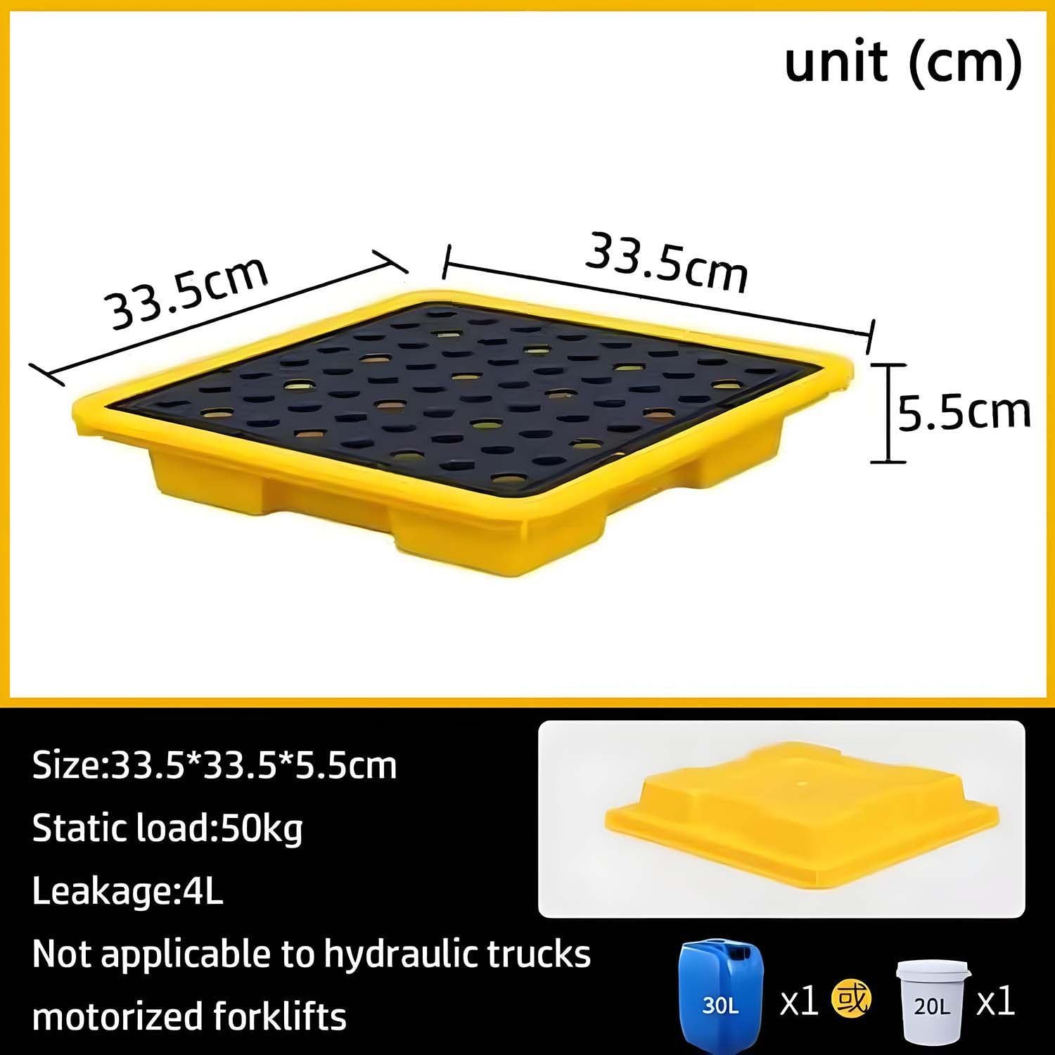 Plateforme empilable de rétention des déversements avec orifice de drainage, 33,5 x 33,5 x 5,5 cm, solution de sécurité industrielle pour le stockage de produits chimiques, conception modula