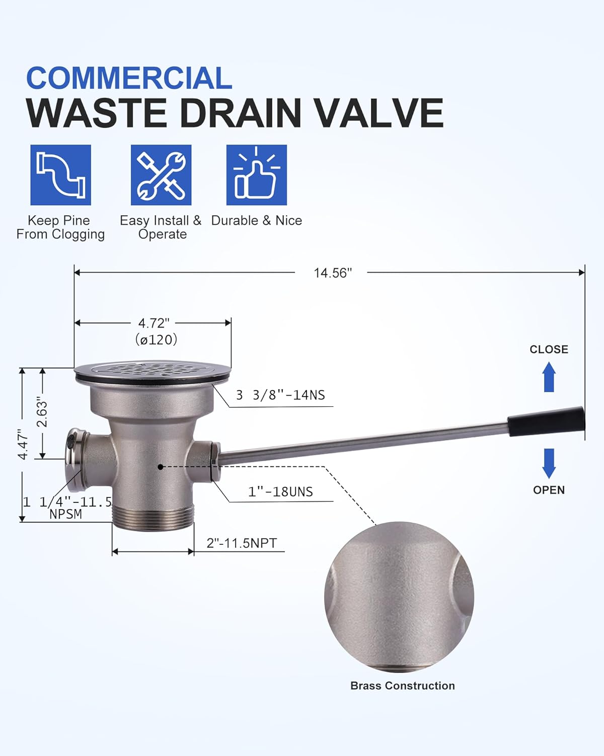 Commercial Sink Drain: 3-1/2" Sink Opening Waste Drain Valve - Brass Kitchen Sink Drain With Lever Handle - Commercial Sink Stopper Prevents Sink Clogged Overflow for Restaurant Multi-Basin Sink