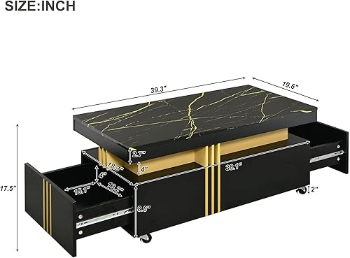 Miniatura 2 de Mesa auxiliar rectangular con cajones de almacenamiento y ruedas para sala de estar, mesa central moderna con parte superior de mármol sintético,