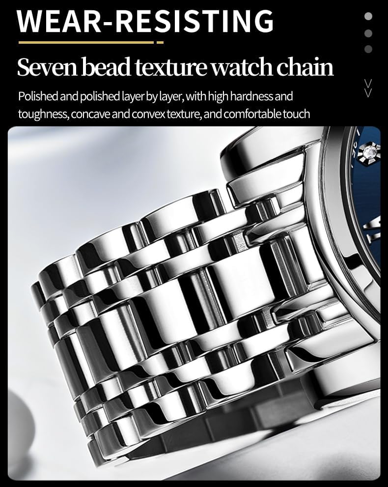 OLEVS Watch for Men Diamond Business Dress Analog Quartz Stainless Steel Waterproof Luminous Date Two Tone Luxury Casual Wrist Watch Blue - Image 5