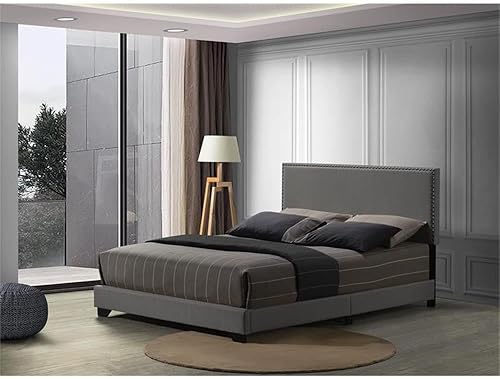 Miniatura 2 de Acme Leandros - Cama Queen tapizada de tela con ribete de clavos en gris claro