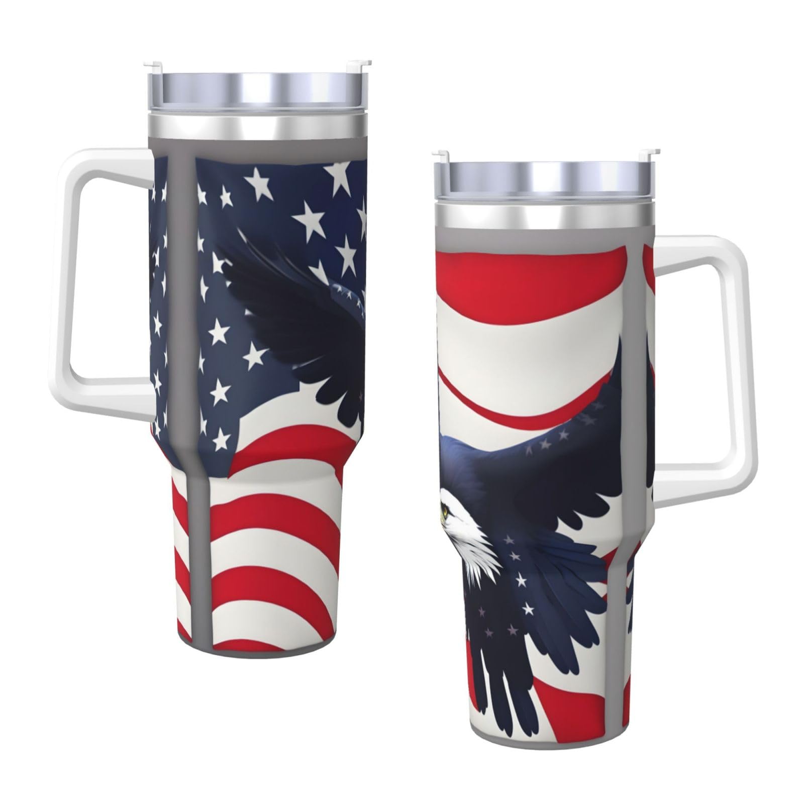 Trinkflasche mit amerikanischer Flagge, Edelstahl, doppelwandig, isoliert, mit Griff und Strohhalm-Deckel, 1,2 l