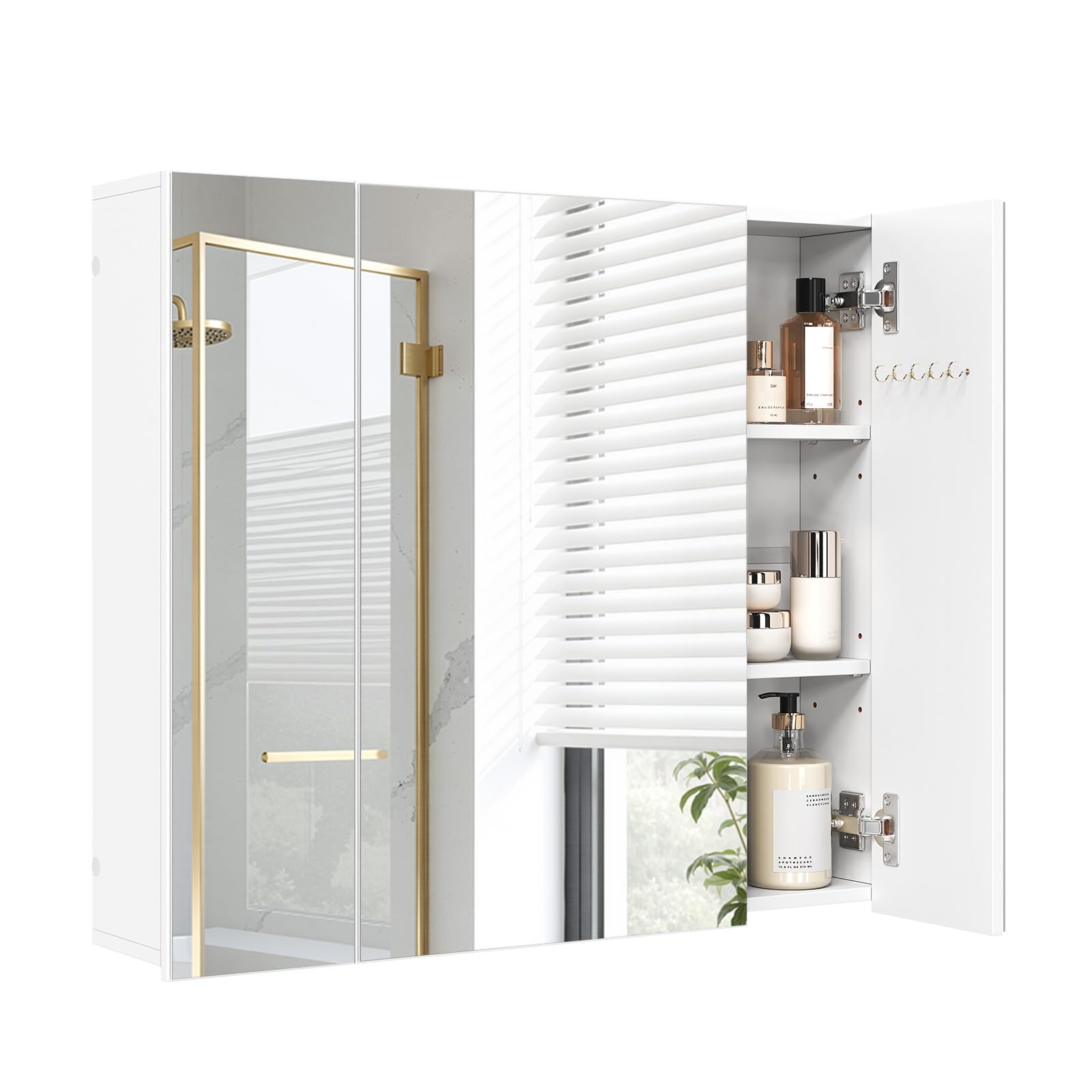 EUGAD Armadietto Bagno con Specchio, Mobile Bagno Sospeso, con 3 Ante, Ganci, Ripiani Regolabili, Stile Nordico, Bianco, 70x14,5x61 cm
