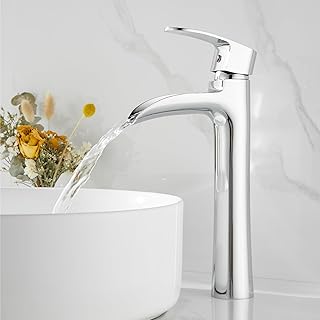 Waterfall Bathroom Basin Mixer Tap, Tall Bathroom Sink Taps for Counter Top Basin, Monobloc Washroom Sink Faucet, Retro High Rise Basin Mixer with Flexible Tails, Solid Brass (Chrome)