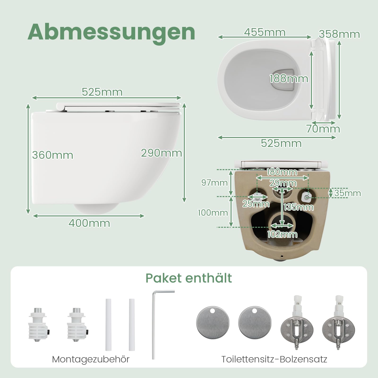 COSTWAY Naścienna muszla klozetowa bez obramowania, ceramiczna wisząca muszla klozetowa z deską sedesową, system podwójnego spłukiwania 4 l/6 l, wolnoopadająca i formaldehydowa Urea, kompletny zestaw