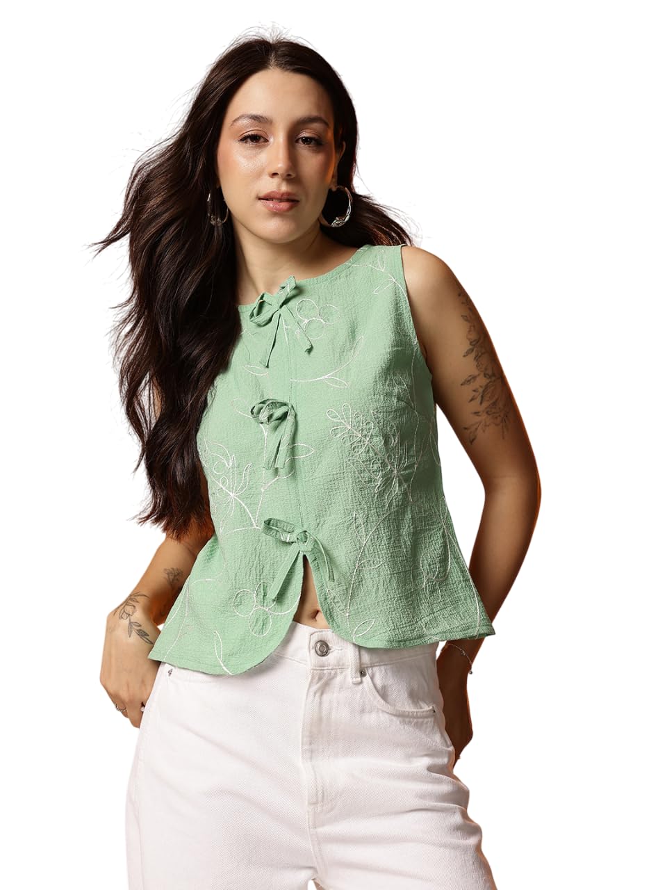 amazon brand - inkast Women Textured Sleeveless Peplum Tunic Top|Round Neck Multi-Tie Front Blouse|Casual Wear|-picture-36