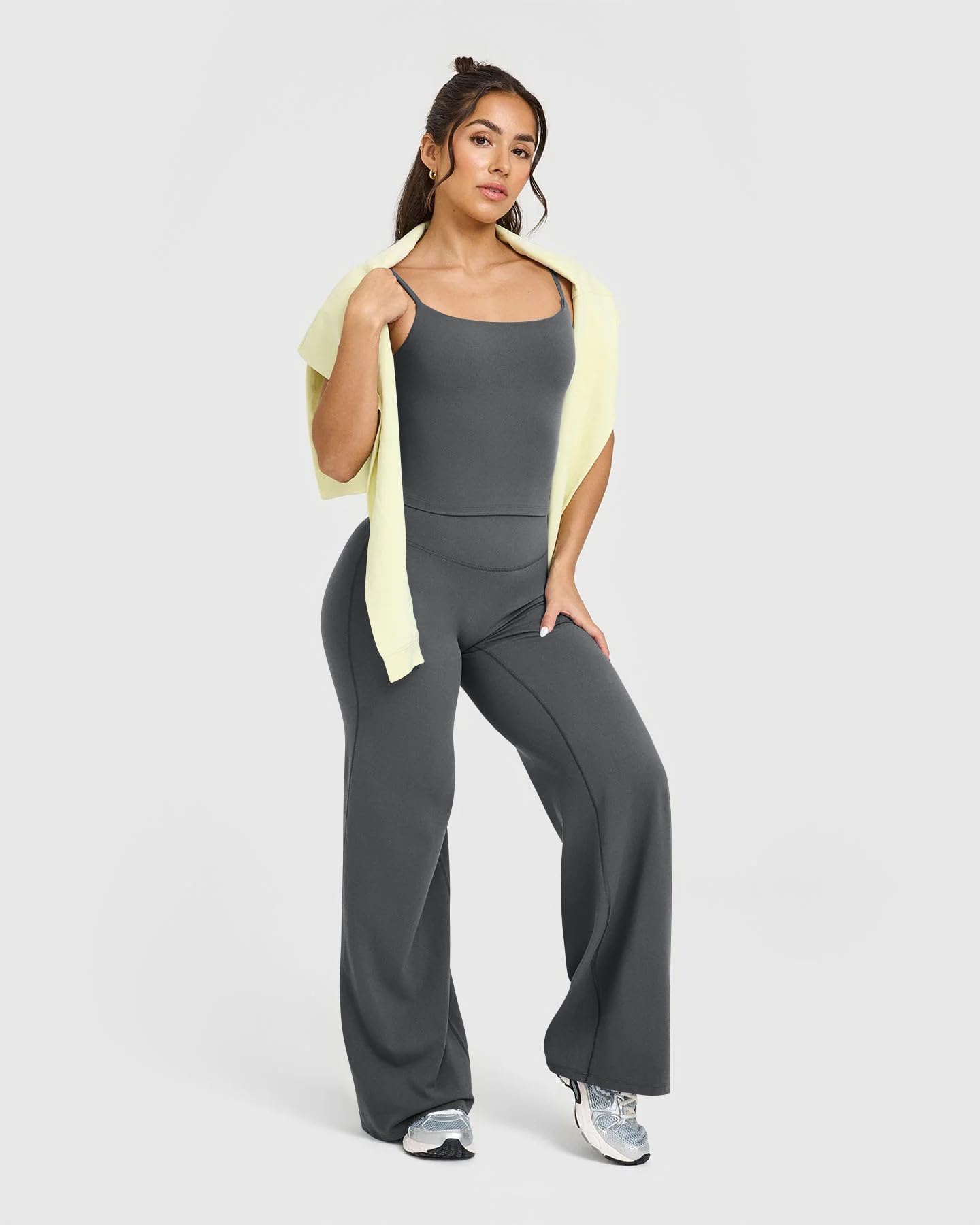 OQQ Pantalón Yoga Mujer Pierna Ancha Cintura Alta Elástico Sólido Casual Leggings de Fitness Gym Deportivos