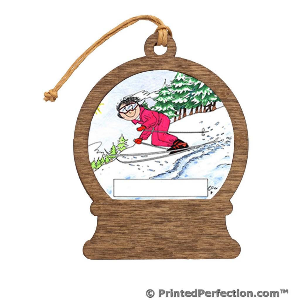 PrintedPerfection.com Personalized Skier, Snow - Female Wooden Snow Globe Shaped Christmas Ornament