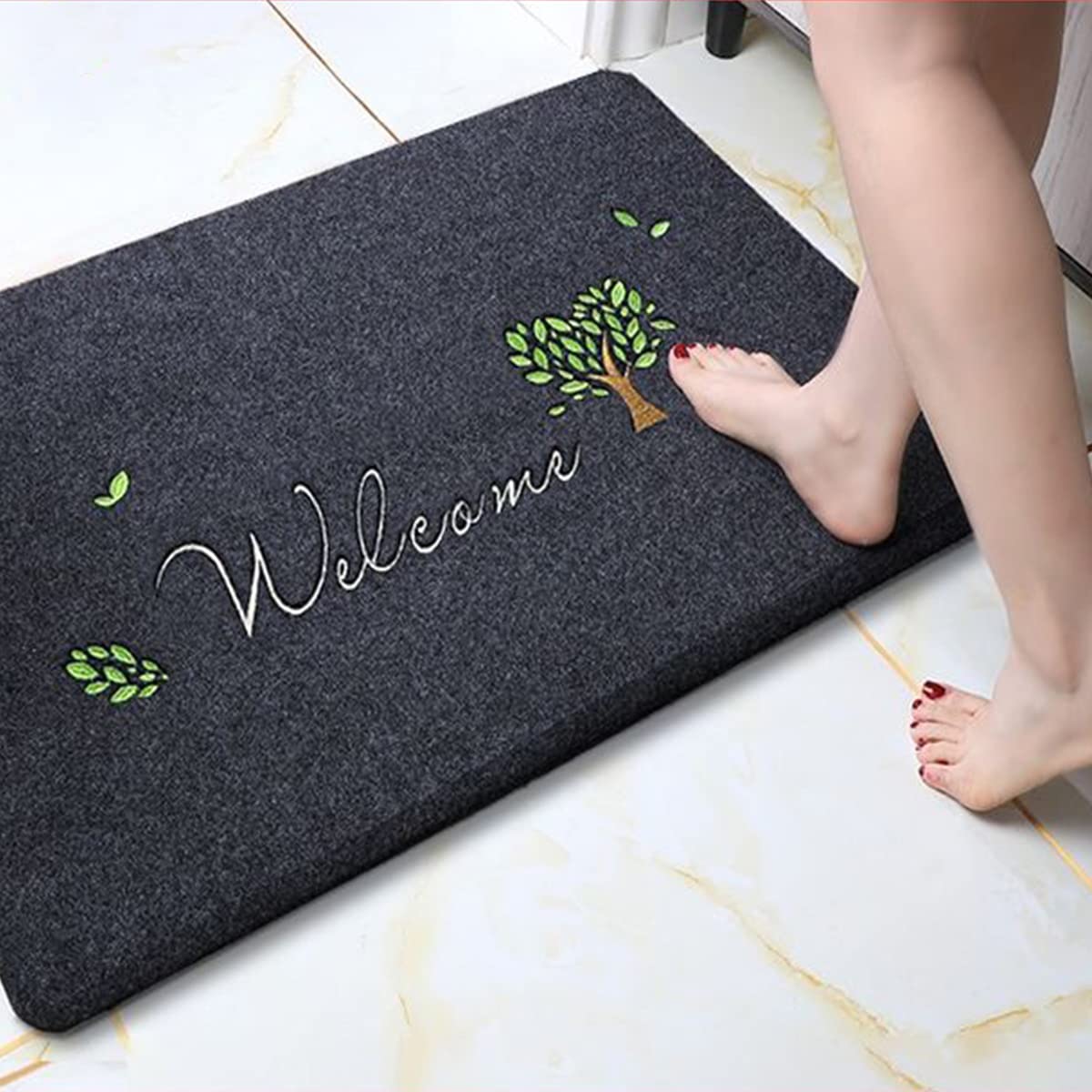 wolpin Anti-Slip Bath Mat (40 x 60 cm) Quick Water Absorbent Door Mat Bathmat for Home, Kitchen, Haze Blue Hall Entryway, Welcome Love Tree