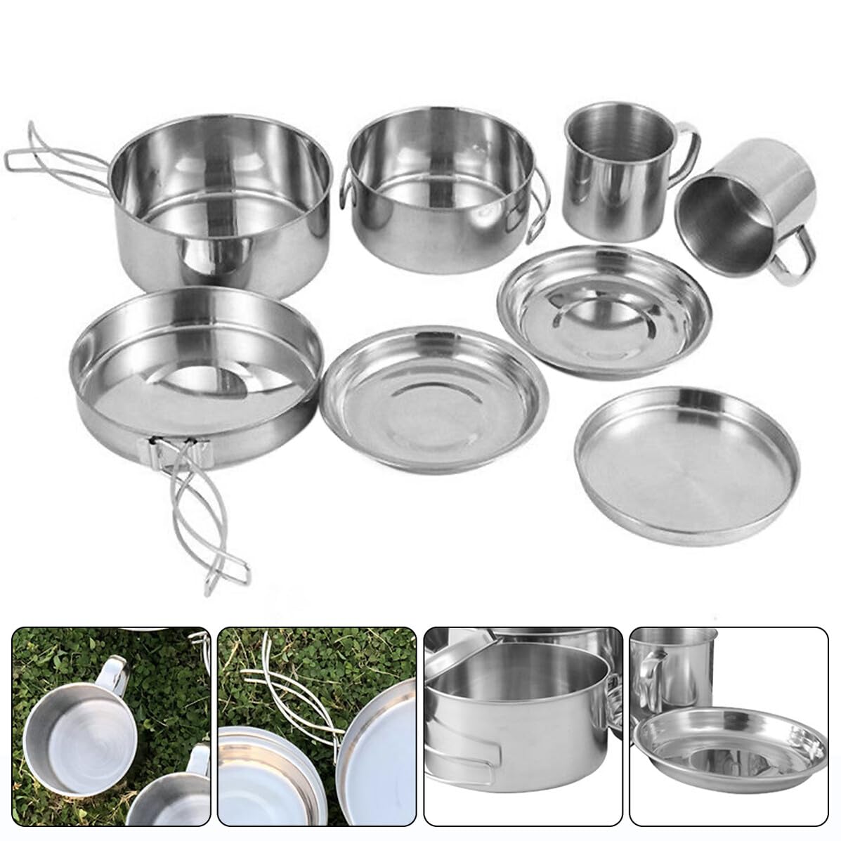 ULTECHNOVO Set Poêle D'ustensiles Cuisine de Camping en Acier Inoxydable Marmite et Assiettes Pliables, pour Randonnée et Camping en Plein Air