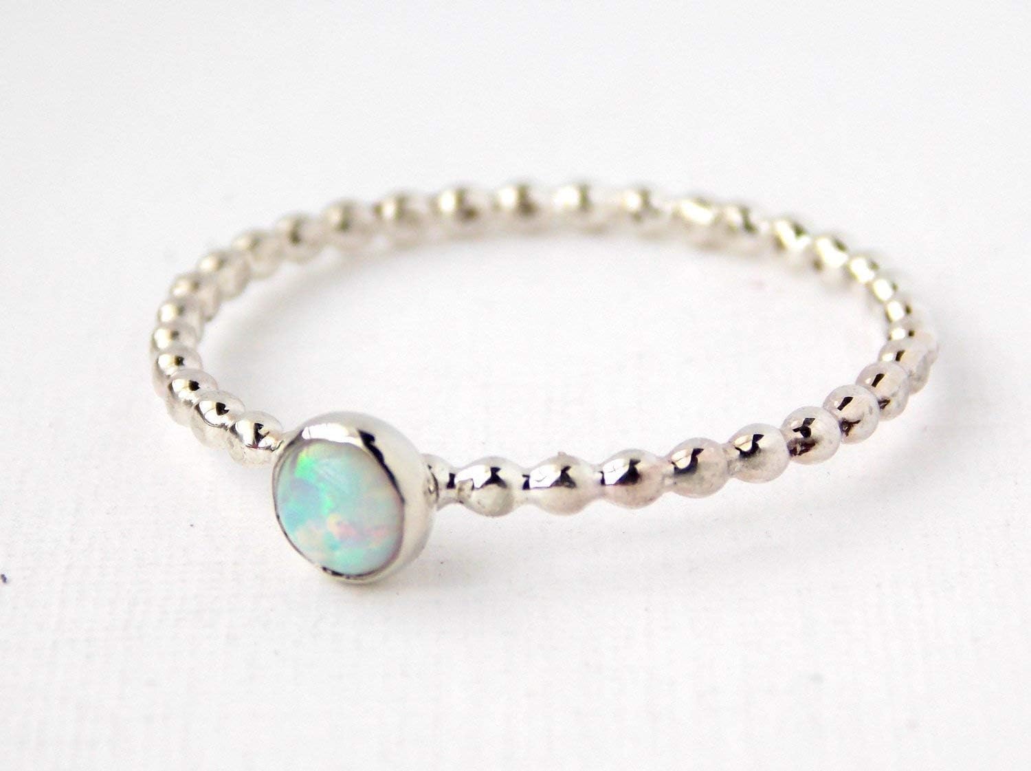 4mm Opal Beaded Cab Ring: stackable birthstone ring, sterling silver ring, opal ring, simple ring, dainty ring, dotted ring, October birthstone
