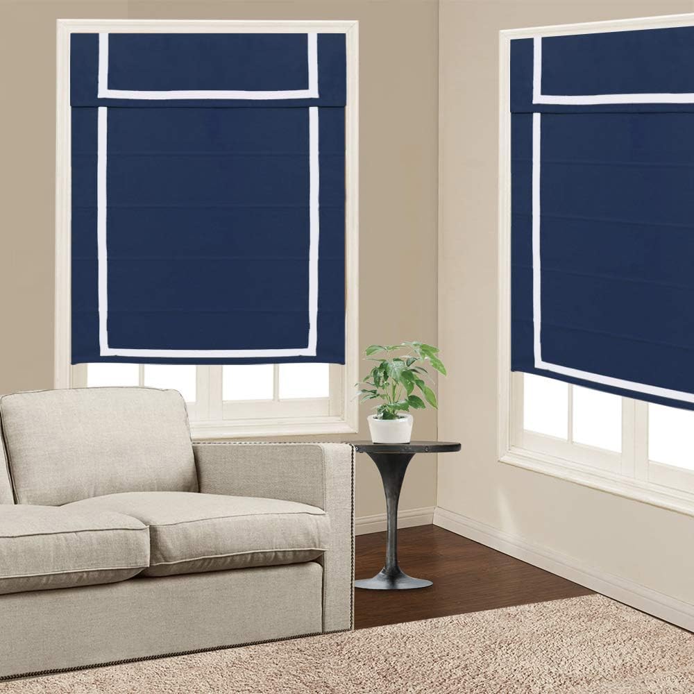 Roman Shades Window Blinds, Dark Blue Premium Blackout Window Roman Shades, Custom Washable Fabric Roman Shades for Windows, Doors, French Doors, Kitchen Windows Including White Border (1 Piece)