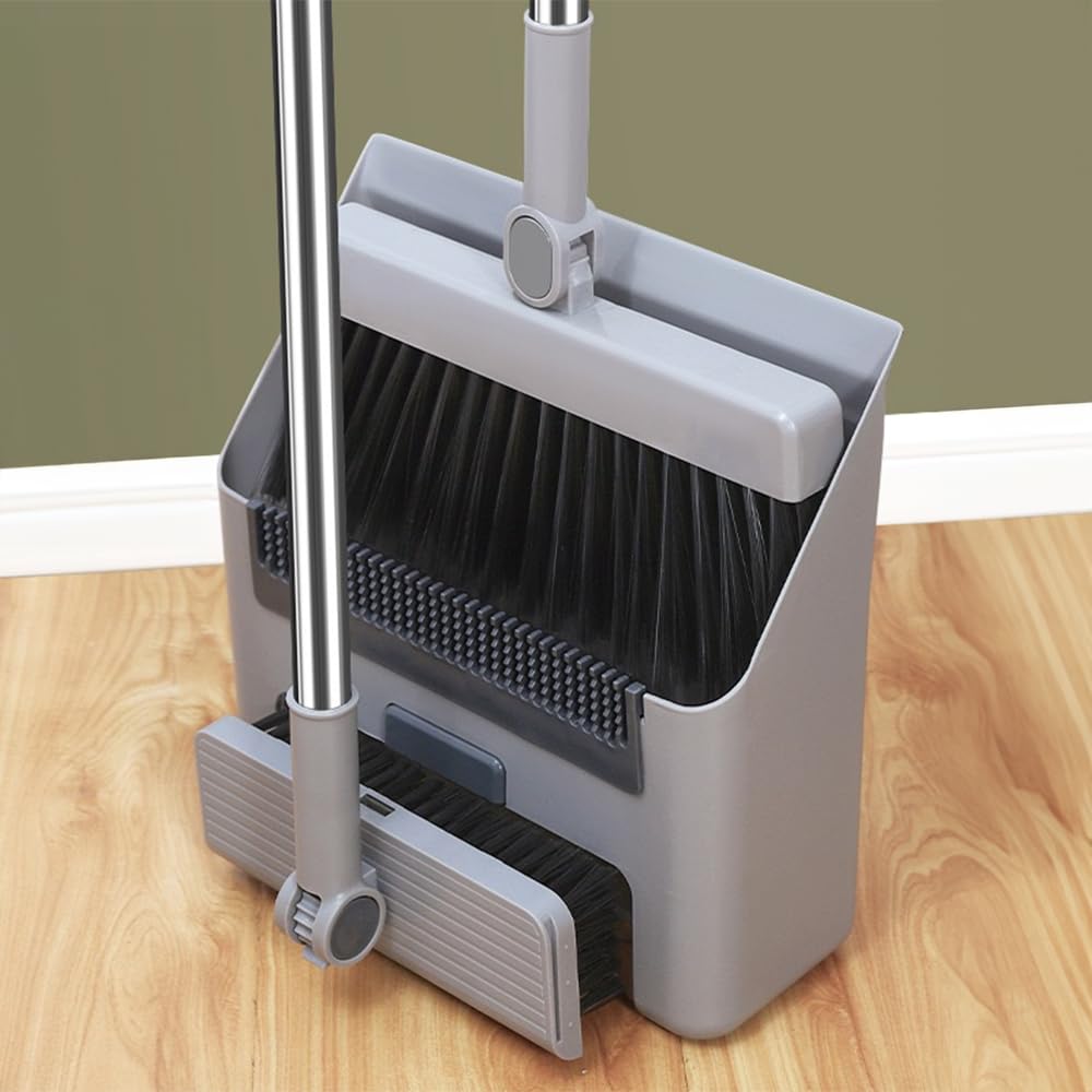 Beosior Grey Broom With Dustpan Combo Set, Brooms For Sweeping Indoor And Outdoor 3 In 1 Long Handle Broom, Brush And Dustpan Set,Broom Heavy-Duty For Home Cleaning Bathroom Kitchen (Grey)