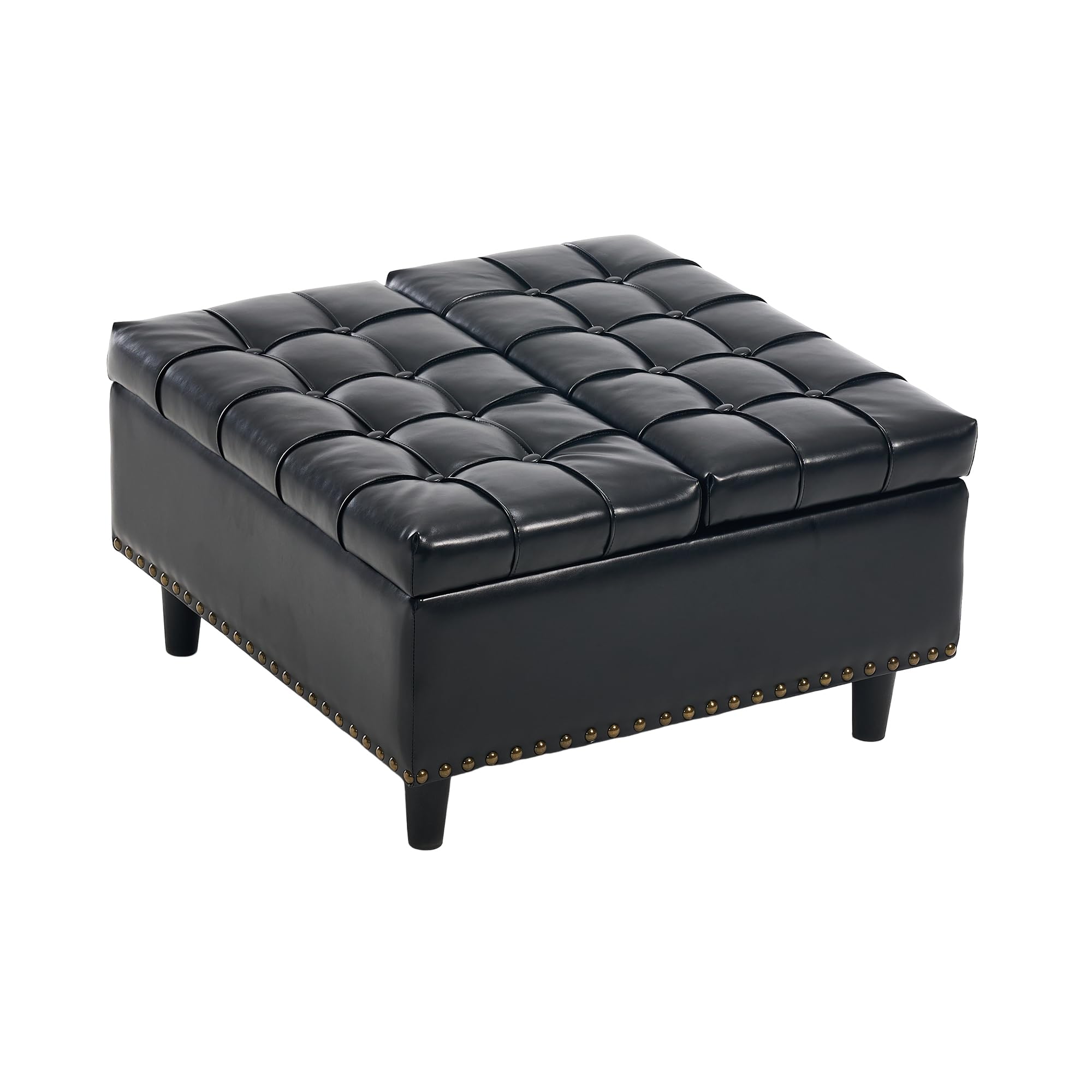 Sedia grande con vano portaoggetti quadrata, scatola imbottita, adatta per soggiorno, camera da letto, studio (nero PU)