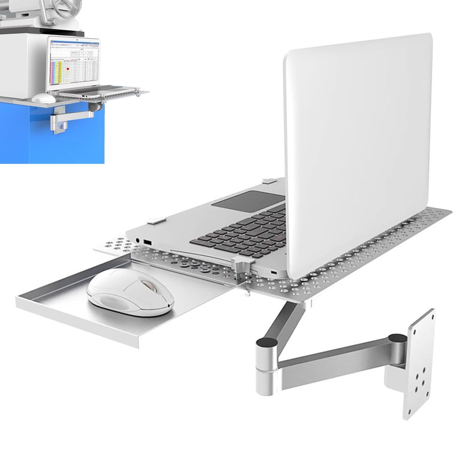 Soporte de pared para laptop, soporte ajustable con bandeja para mouse, rotación multiángulo, plataforma de refrigeración ventilada, capacidad de peso de 8 kg para oficina y estación de trabajo