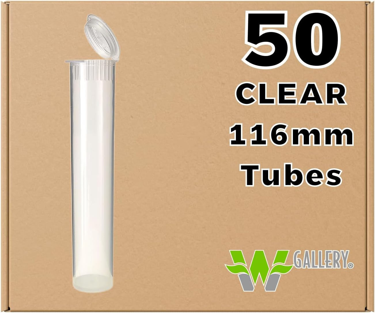 W Gallery 50 Clear 116mm OPEN CAP Pop Top Tubes - Airtight Smell Proof Containers - Plastic Medical Grade Prescription Bottles for Pills Herbs Flowers Supplements, Bulk Pack, Not Glass Jars