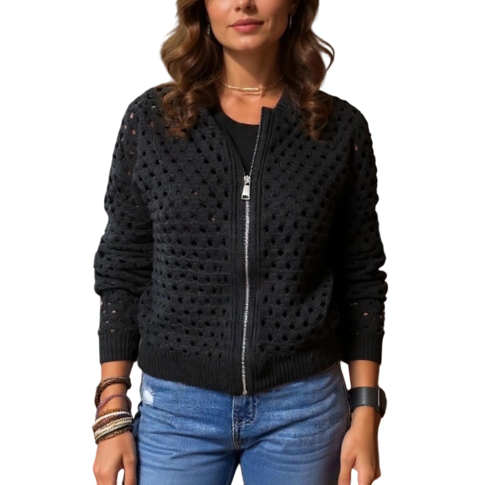 Womens Casual Fall Zip Up Crochet Cardigans Fashion Lightweight Long Sleeve Hollow Out Knit Cropped Jackets