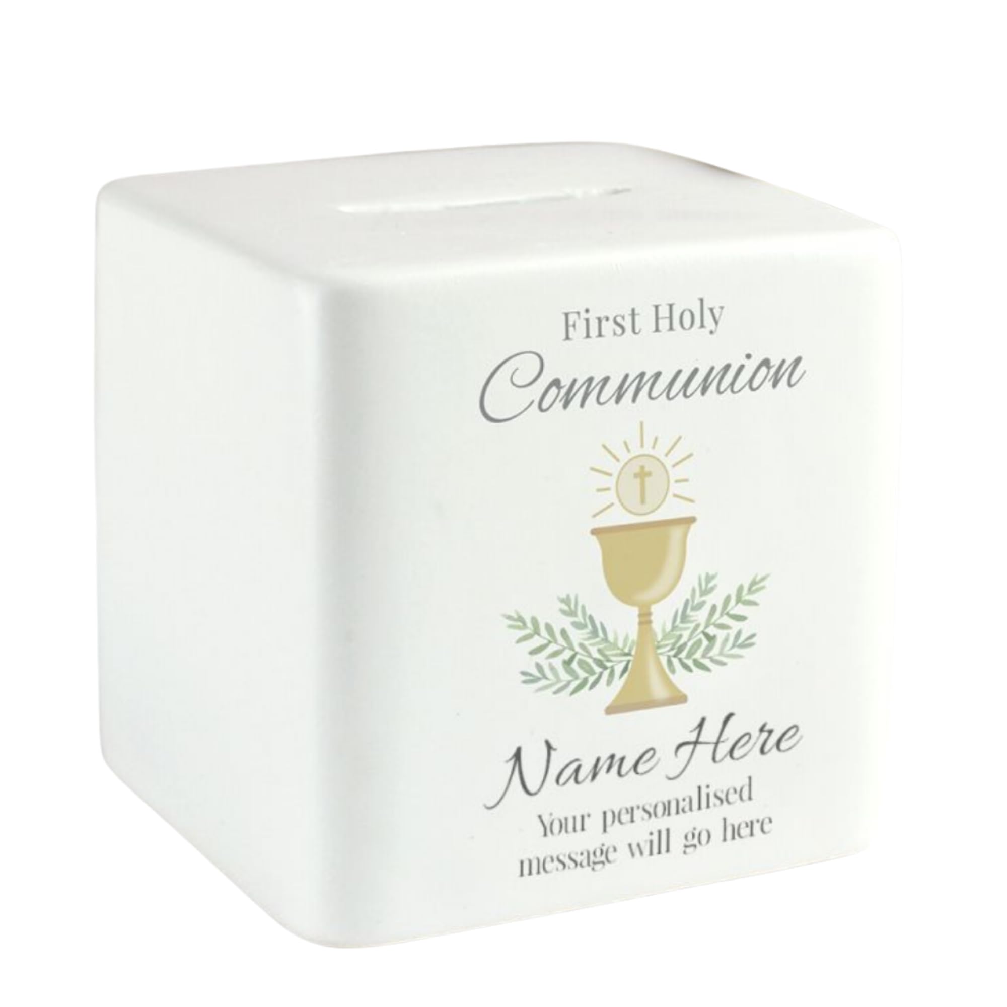 White First Holy Communion Money Box. Ceramic Religious Piggy Bank.