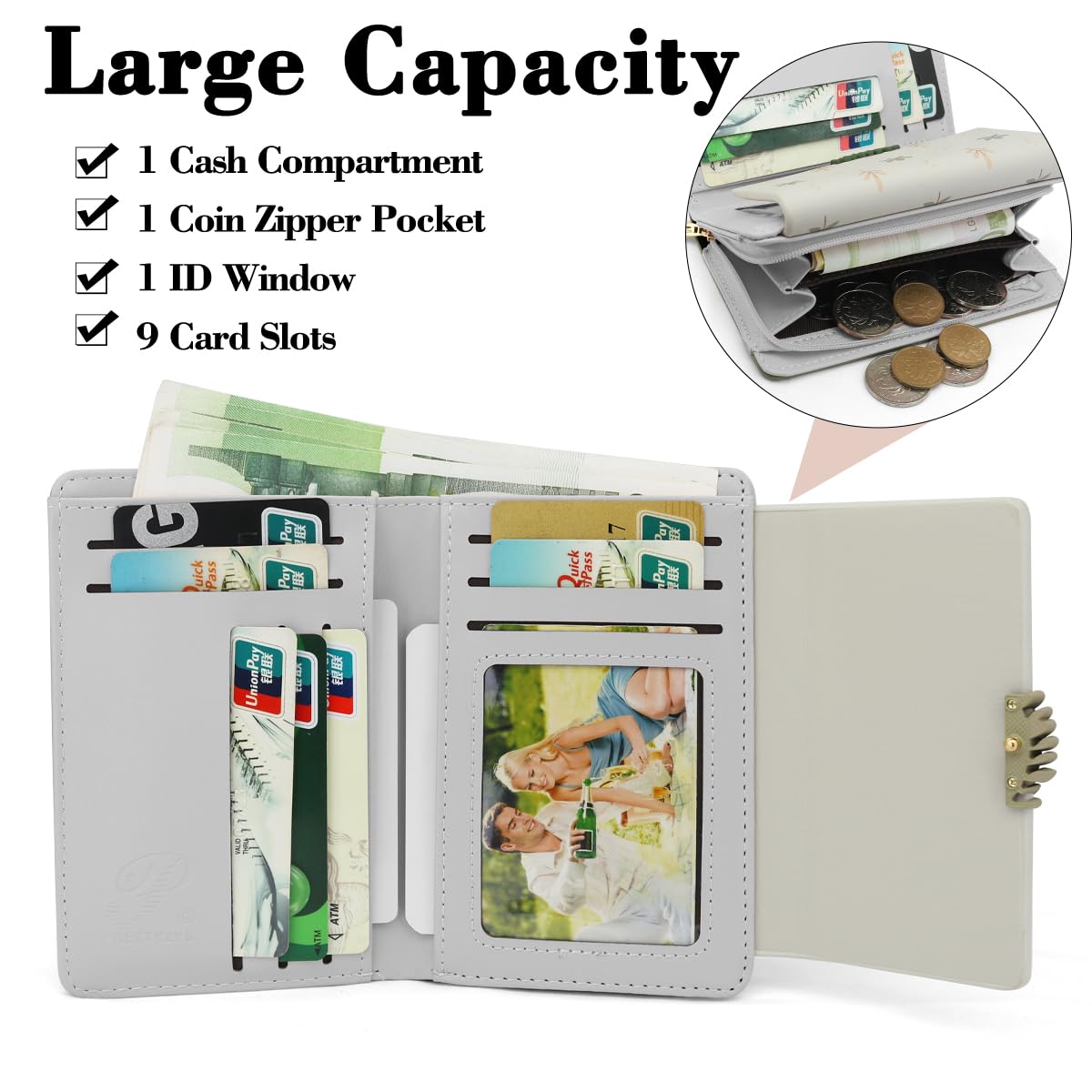 REETEE Portefeuille Femme en Cuir PU Porte Monnaie Femme Petit Format Porte Feuilles pour Femme avec 10 Porte Carte, Porte-Feuille Femmes Zippé Pochette à Monnaie (Z- Vert)