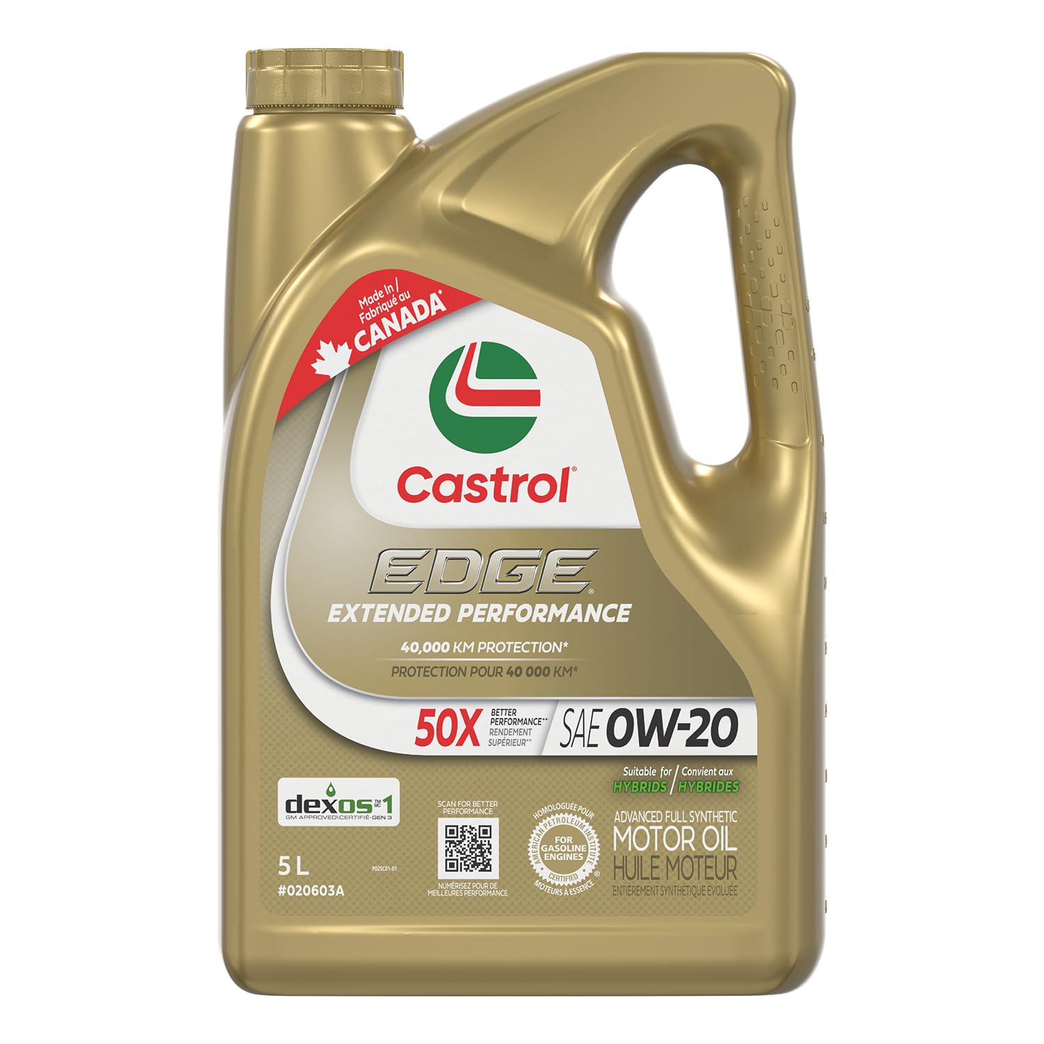 Castrol Edge Extended Performance 0W-20 Advanced Full Synthetic Motor Oil, 5 Litres - Made in Canada