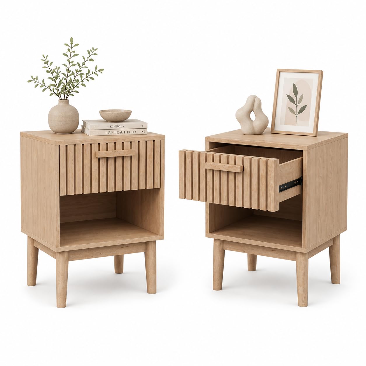 Set di 2 comodini da notte con cassetti e ripiano aperto, tavolino in legno con spazio di archiviazione, comodini moderni in stile boho per camera da letto, soggiorno, 40x35x55cm, colore
