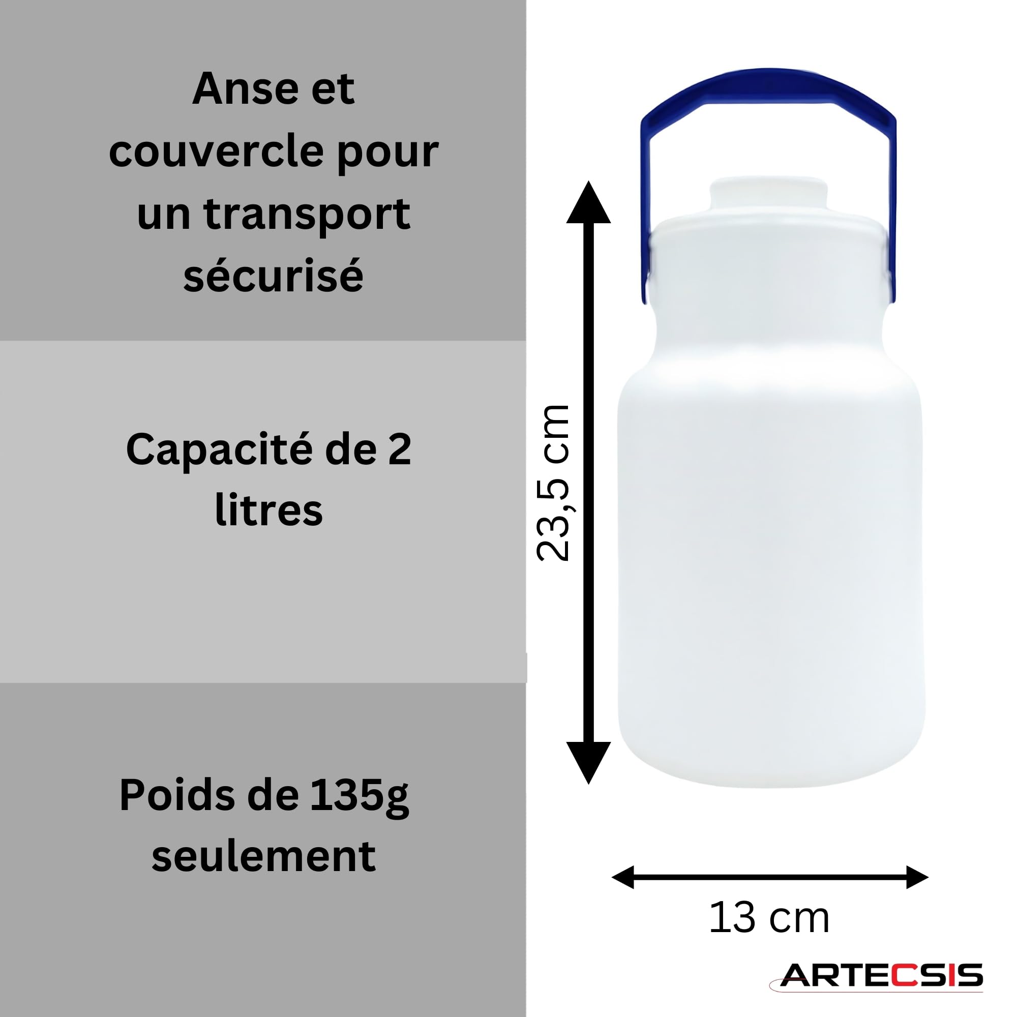 ARTECSIS Pot à Lait 2L avec Couvercle, Cruche de Transport, Plastique avec Poignée