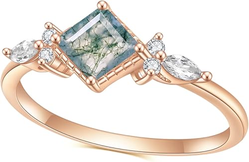 Gem's Beauty Anillos de compromiso de ágata musgo verde de 14 quilates, oro rosa de 14 quilates, plata de ley 925, anillo de compromiso de tres