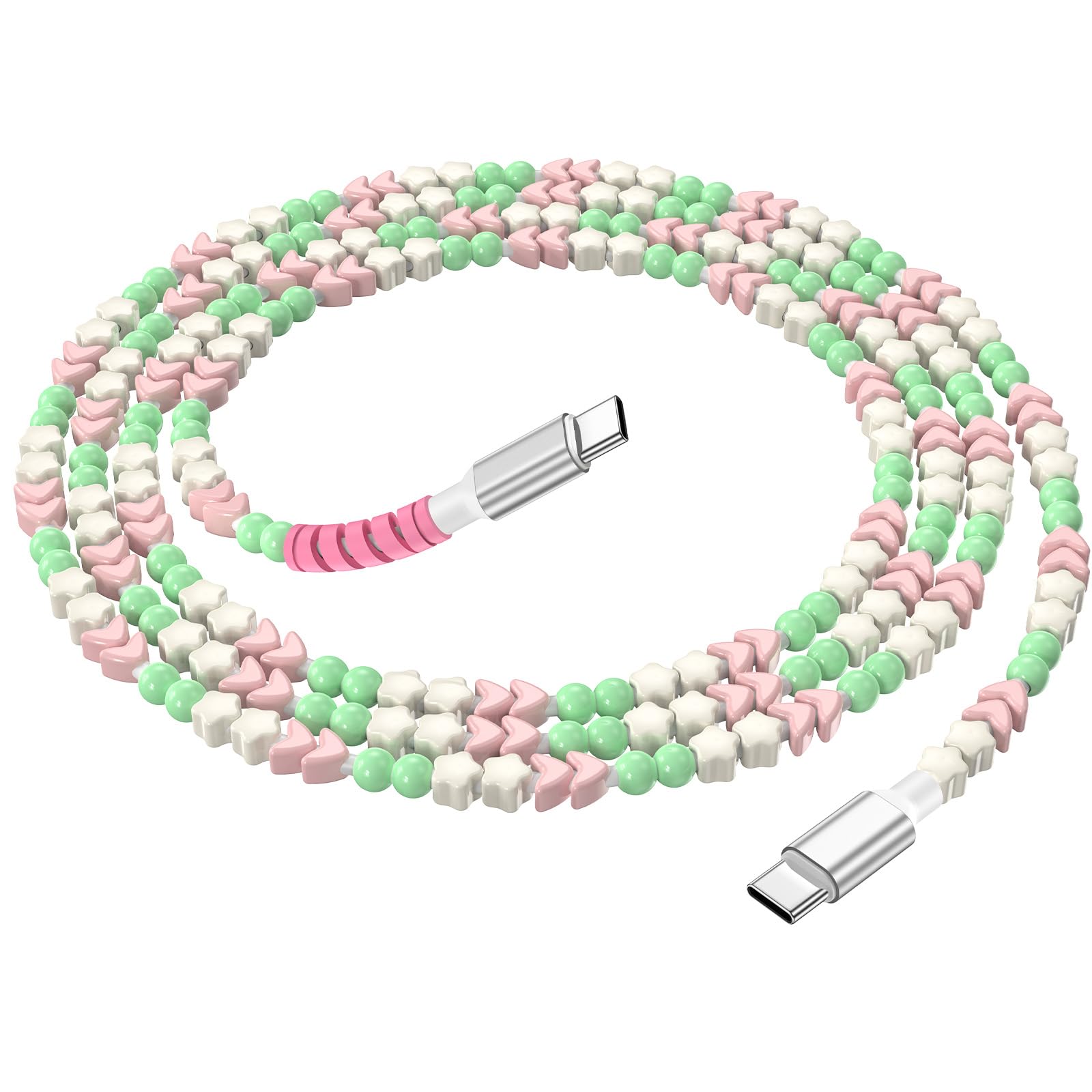 Cable de carga con cuentas de 60 W USB C a USB C, cable de carga rápida PD para iPhone 17 16 15/Galaxy S25 S24 S23/Pixel 10 9 8, cable de datos de 480 Mbps para MacBook/iPad/portátil, color menta rosa