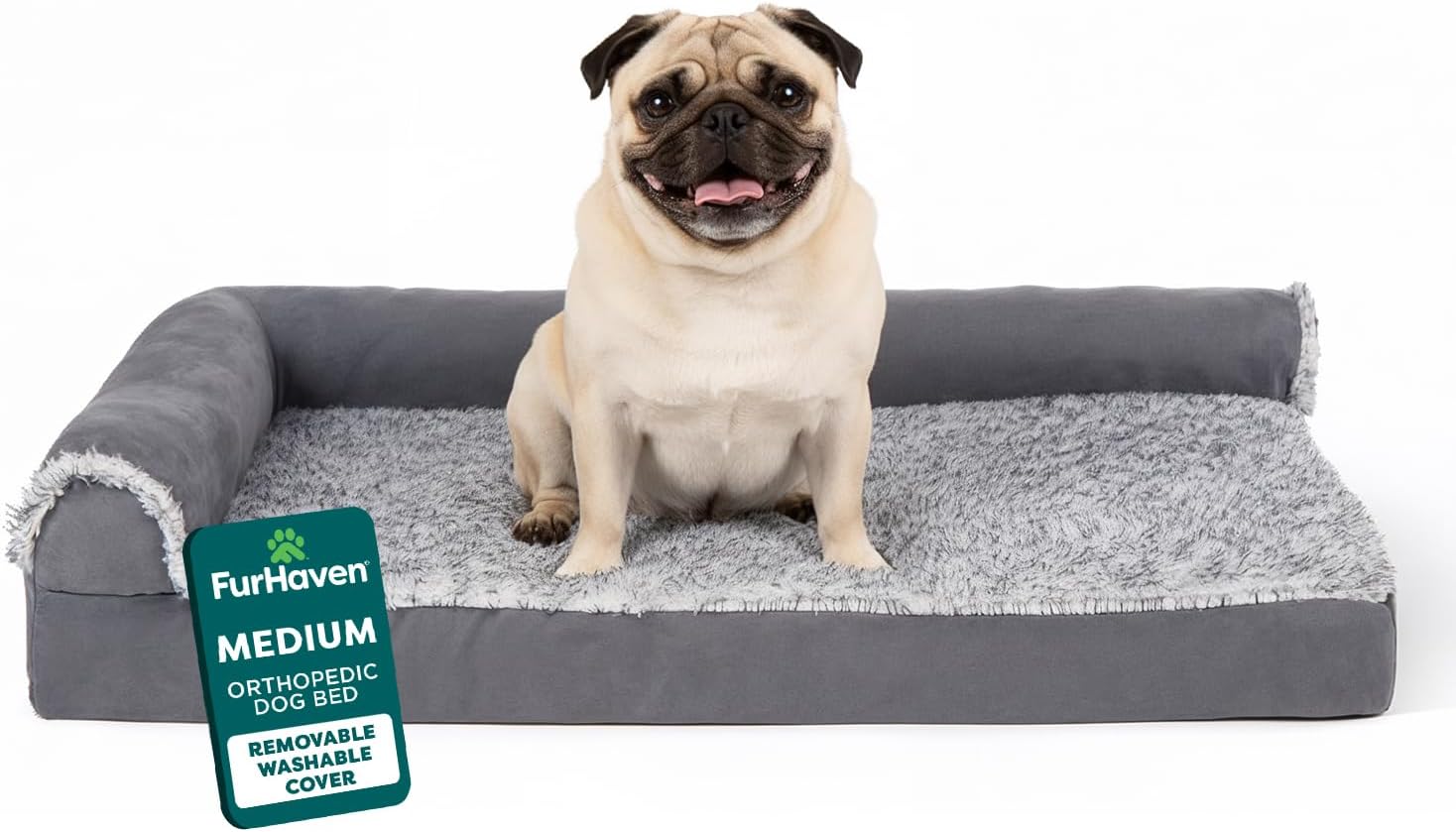 FurHaven Orthopedic Dog Bed for Small/Medium Dogs, L-Shaped Chaise Mattress with Egg Crate Orthopedic Memory Foam for Joint Support, Removable Washable Cover, Medium, Faux Fur & Suede, Stone Gray Medium Stone Gray