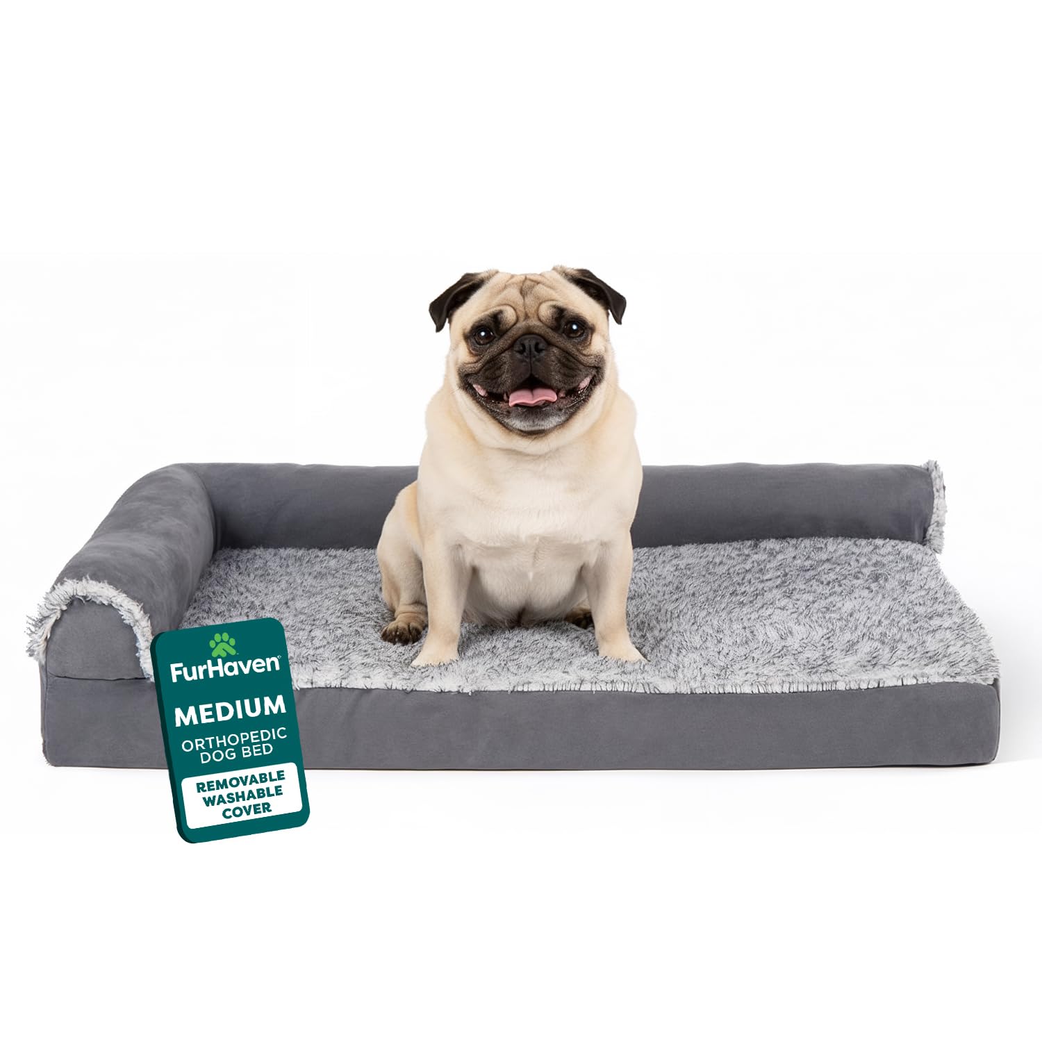 FurHaven Orthopedic Dog Bed for Small/Medium Dogs, L-Shaped Chaise Mattress with Egg Crate Orthopedic Memory Foam for Joint Support, Removable Washable Cover, Medium, Faux Fur & Suede, Stone Gray