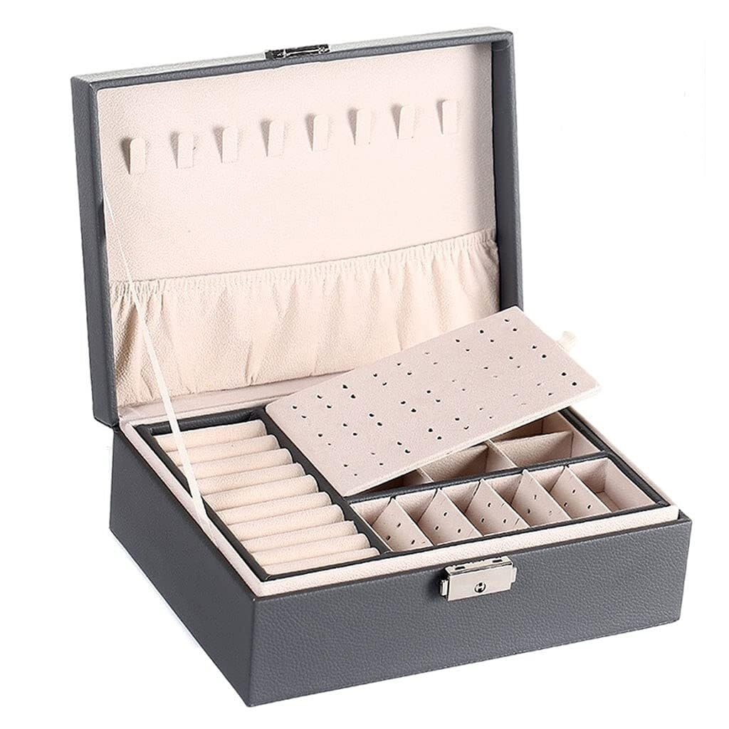 Boîte de finition de bijoux en cuir rose haut de gamme avec double couche et serrure sécurisée