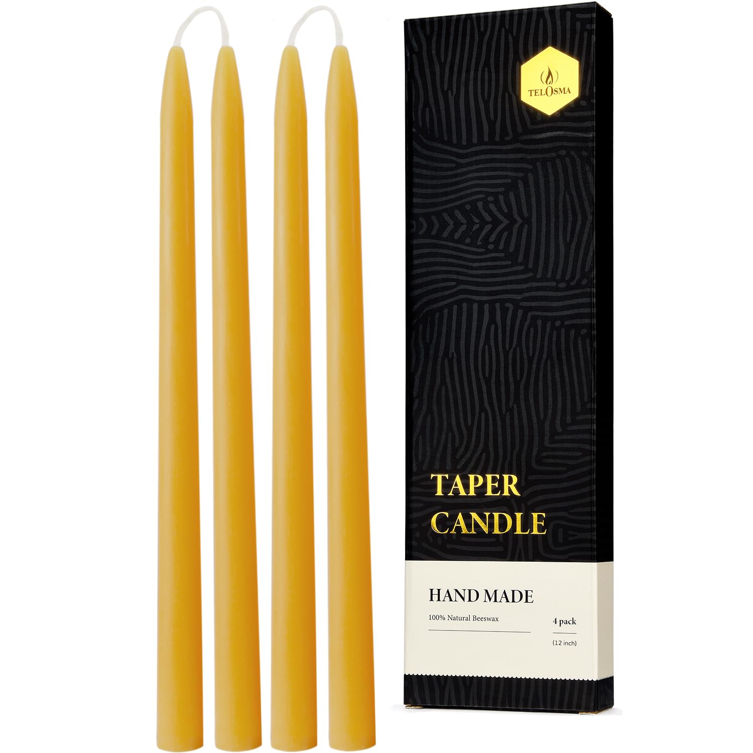 12 inch Organic Beeswax Taper Candles 4 Pack - Dripless Candle, Yellow