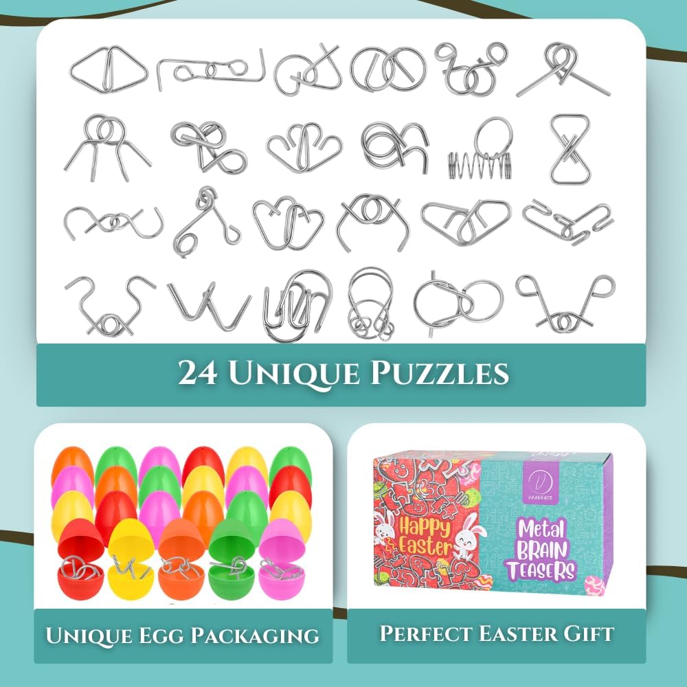 24 Pack Easter Basket Stuffers with Metal Brain Teaser Puzzles – Prefilled Eggs with Mini Logic Toys & Instruction Cards, Classroom Gifts, Egg Hunt Prizes, Easter Party Favors for Kids Boys & Girls