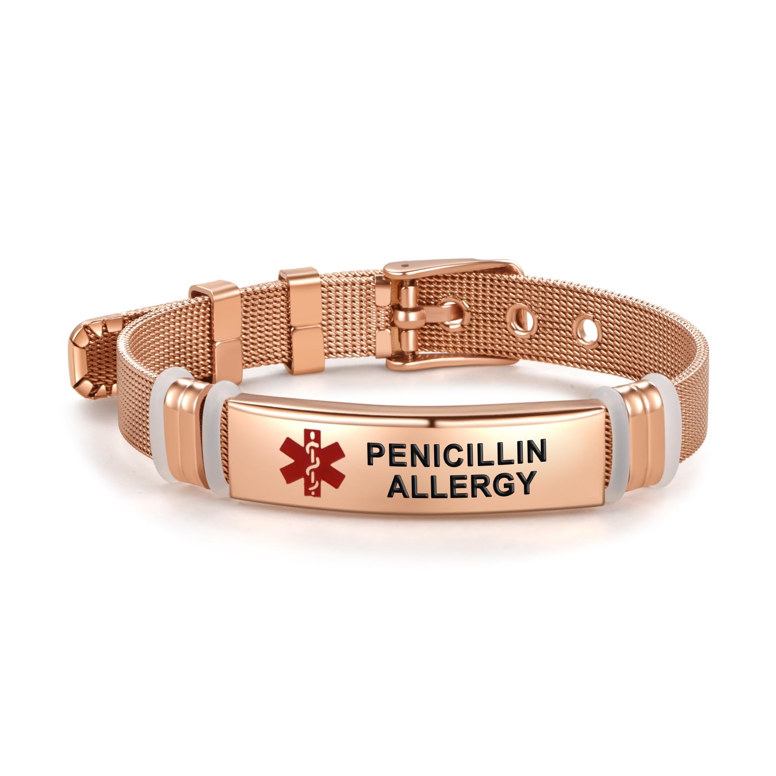 LSxAB Rose Gold Red Medical Alert ID Bracelet for Women Men's Emergency First Aid Health Alert Laser Engraved Satinless Steel Adjustable Wristband Bracelets