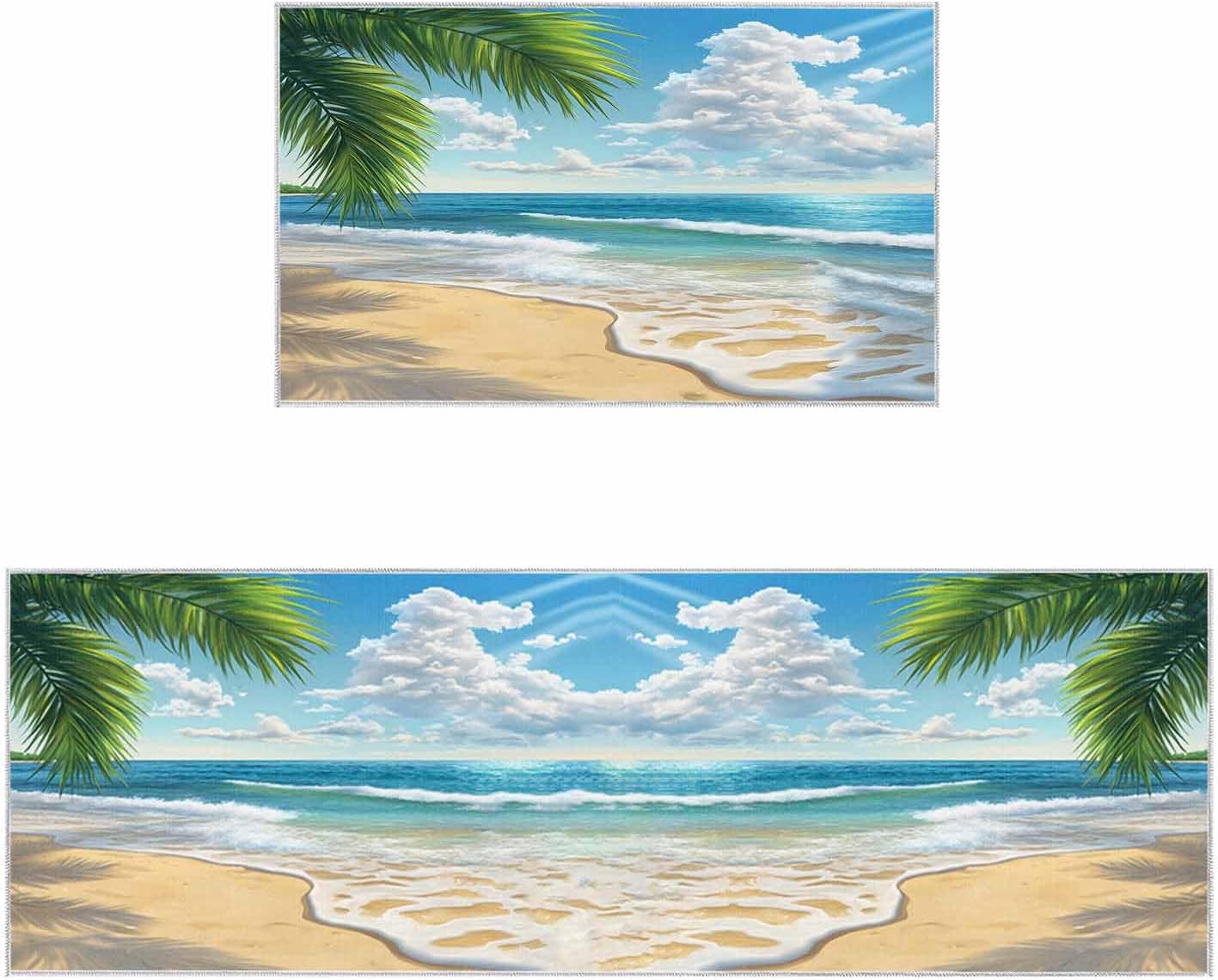 2 Pieces Kitchen Rugs and Mats,Coastal Ocean Sea Wave Tree Blue Sky Area Runner Rug Set Non Slip Floor Doormat Washable Carpet Standing Mat for Kitchen Sink Indoor Corridor,Nautical Beach Palm Trees