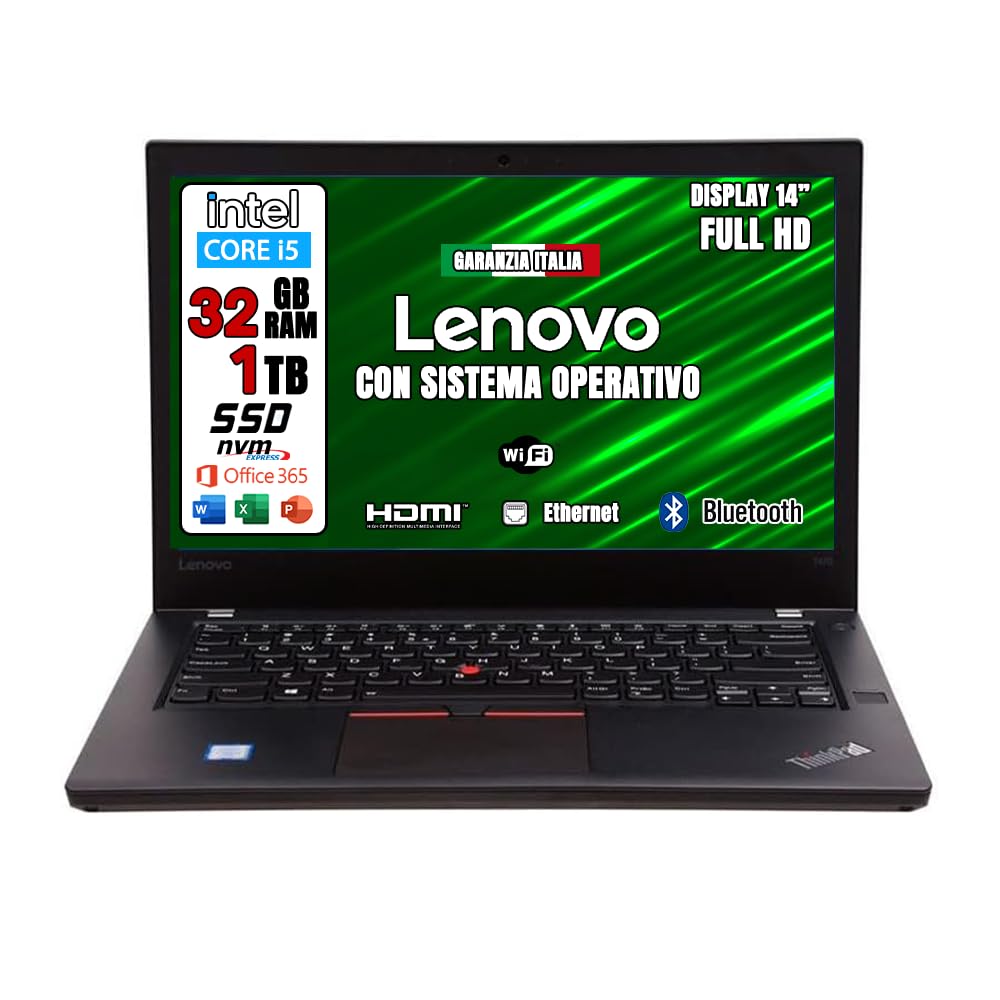 Lenovo GREEN EDITION, Pc portatile Intel Core i5 Pronto All'Uso office 365, Notebook Con Display HD da 14", Ram 32Gb, SSD 1Tb, Garanzia Italiana (Ricondizionato)